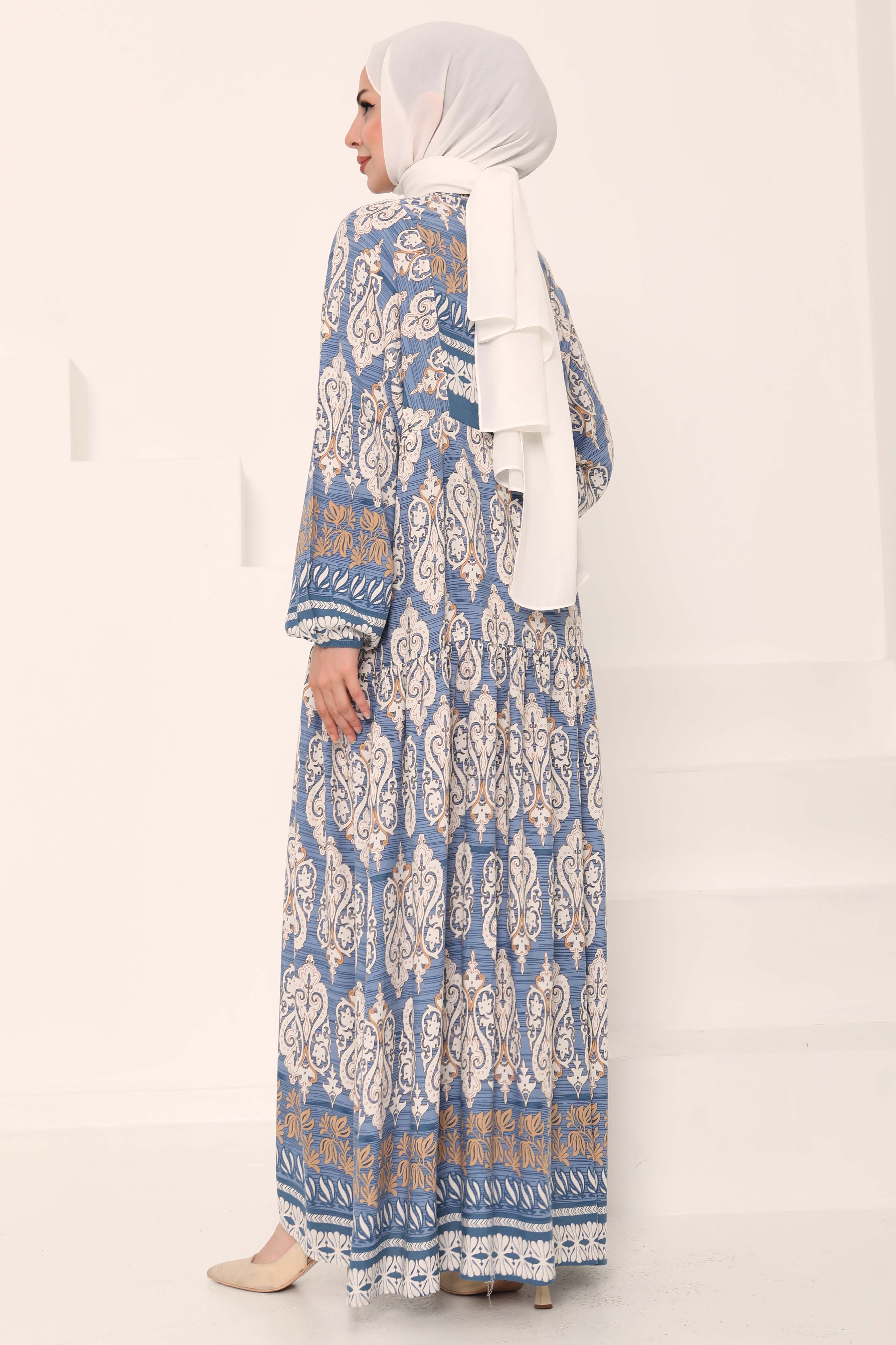 Desenli Düğmeli Elbise Bebe Mavi - 27044 - 6