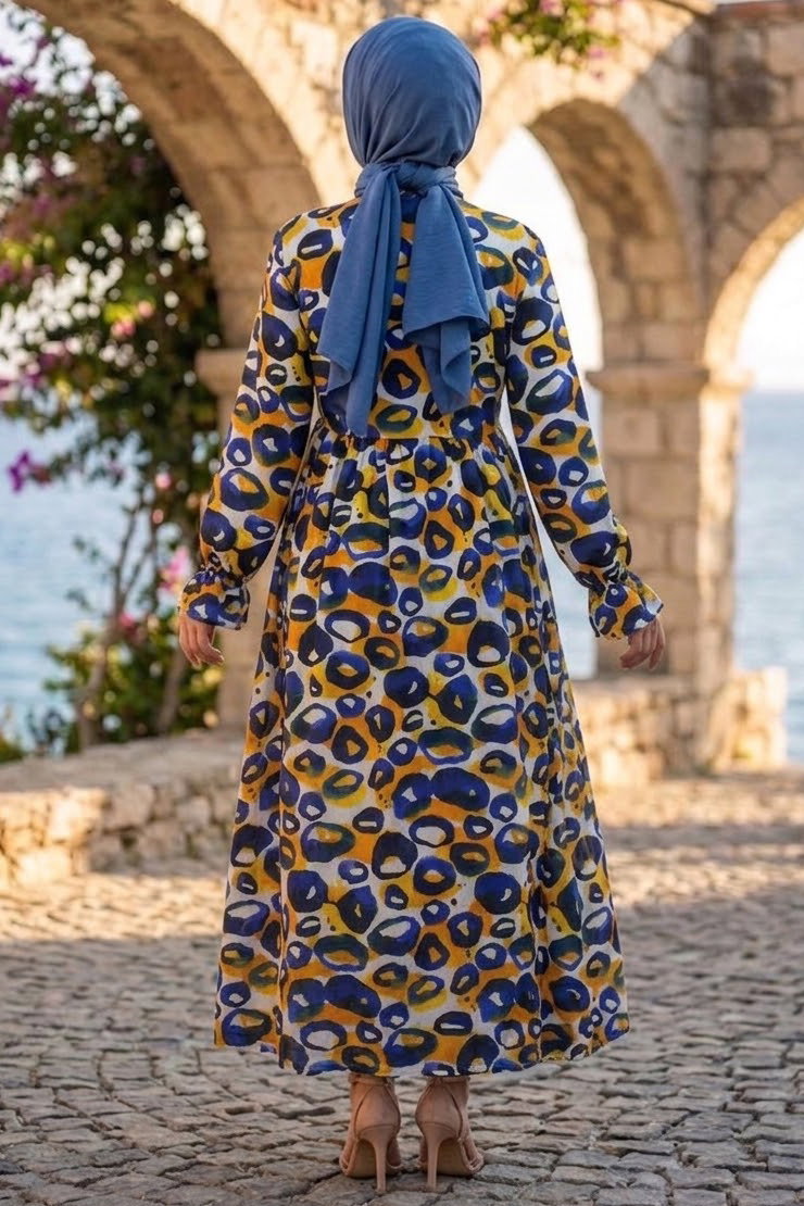 Desenli Düğmeli Elbise Hardal - 28879-HARDAL - 3