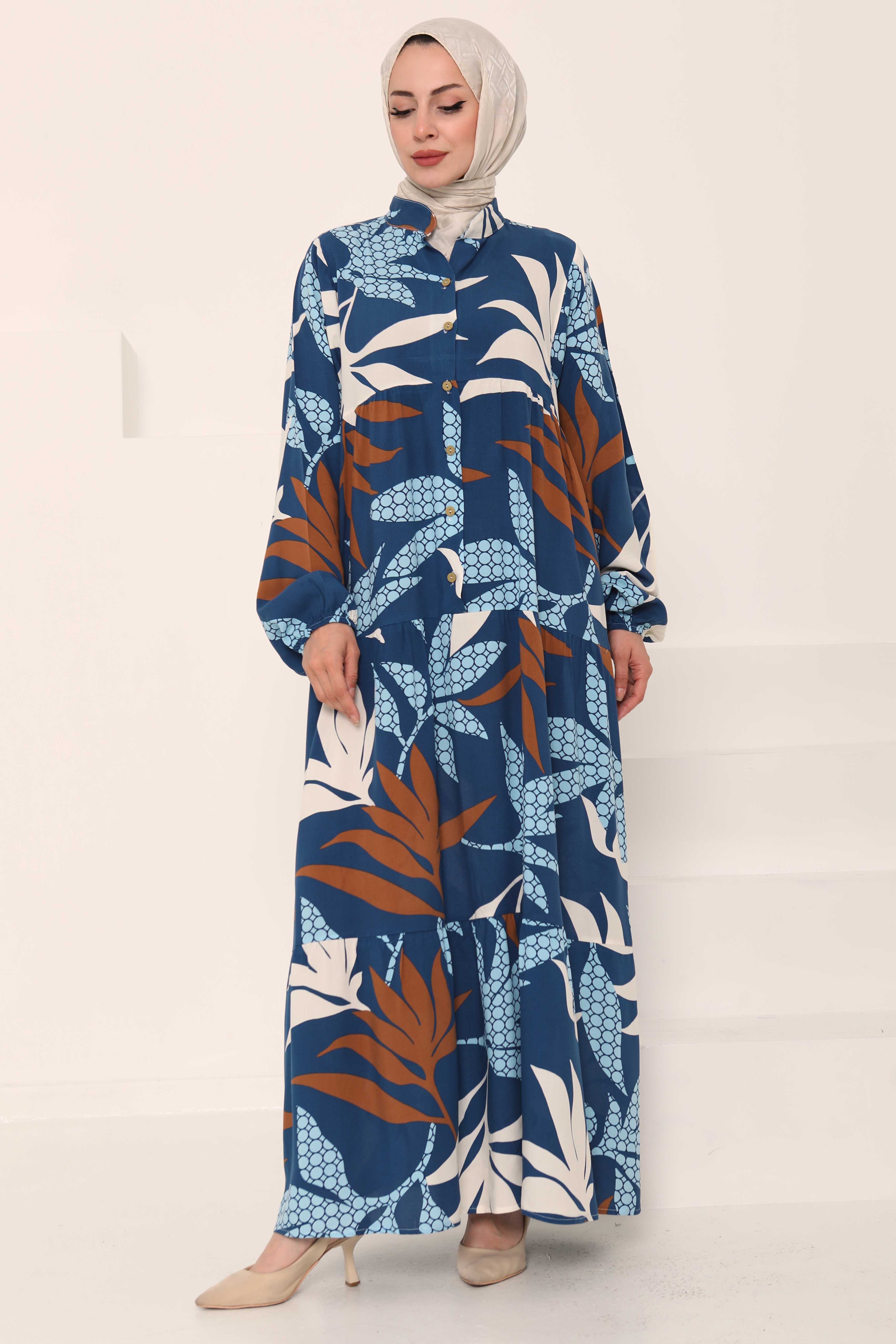 Desenli Düğmeli Elbise Indigo - 27041 - 1