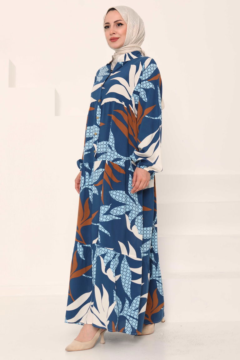 Desenli Düğmeli Elbise Indigo - 27041 - TOFİSA