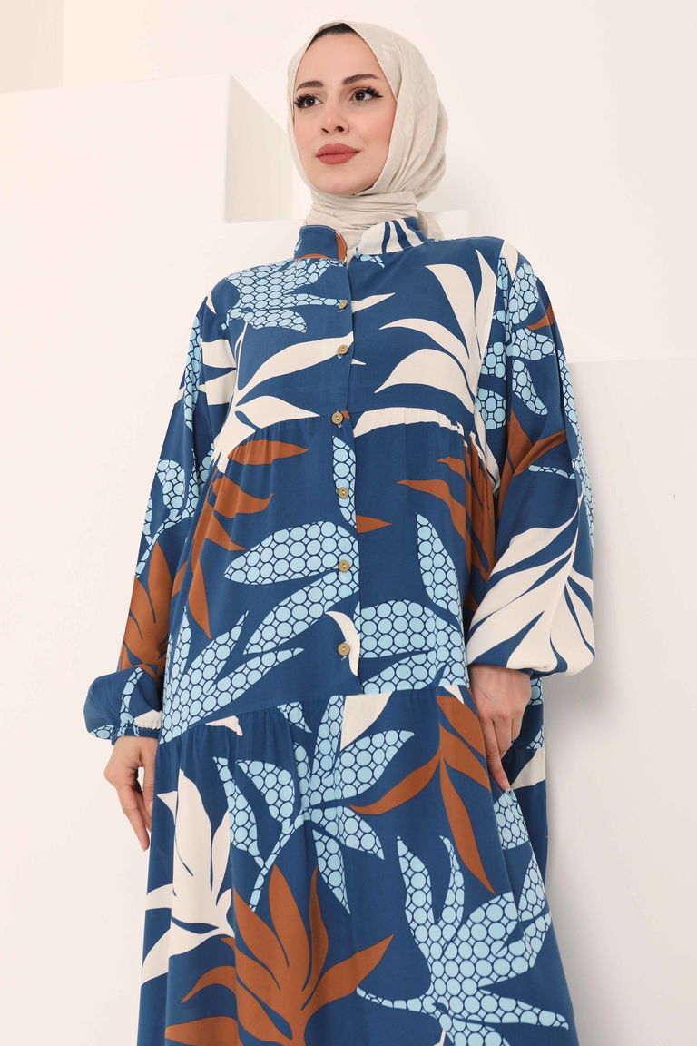 Desenli Düğmeli Elbise Indigo - 27041 - TOFİSA