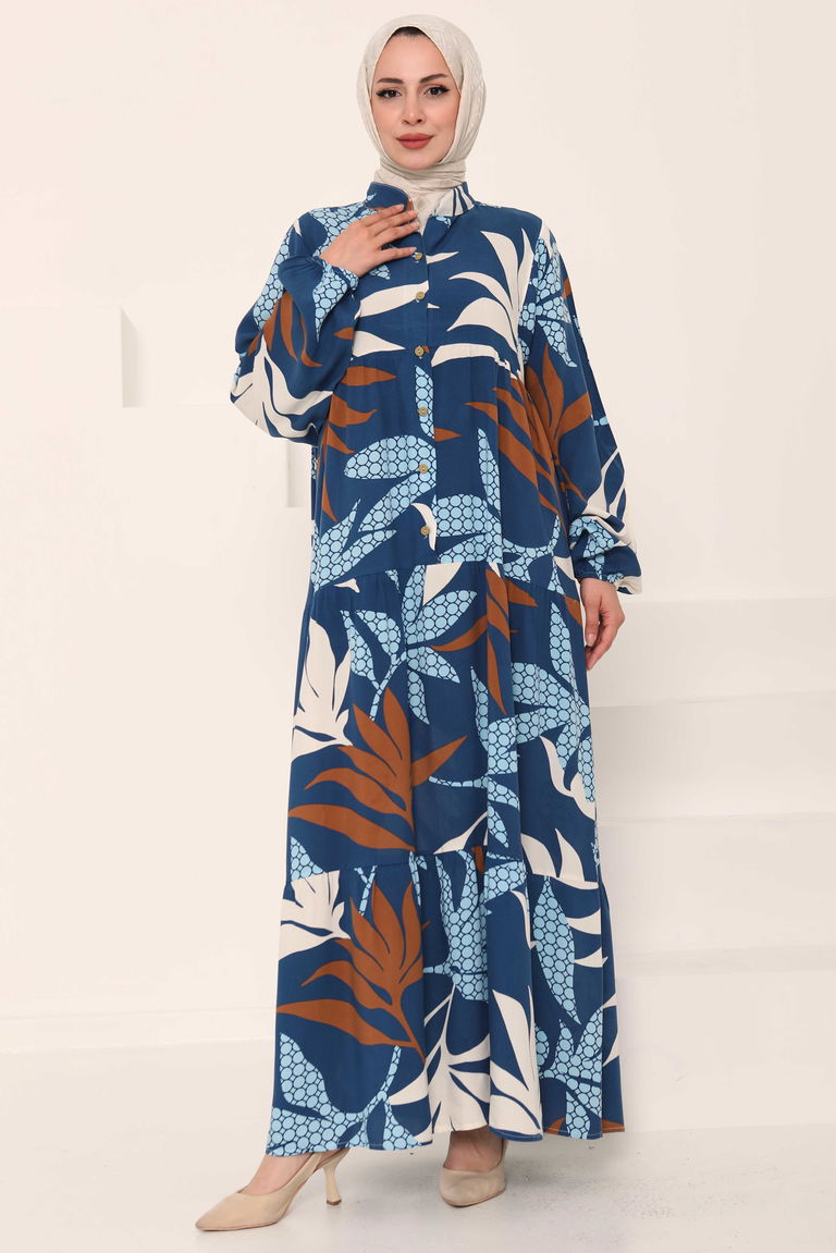 Desenli Düğmeli Elbise Indigo - 27041 - TOFİSA