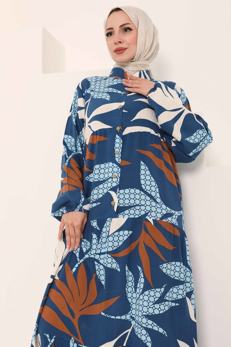 Desenli Düğmeli Elbise Indigo - 27041 - TOFİSA