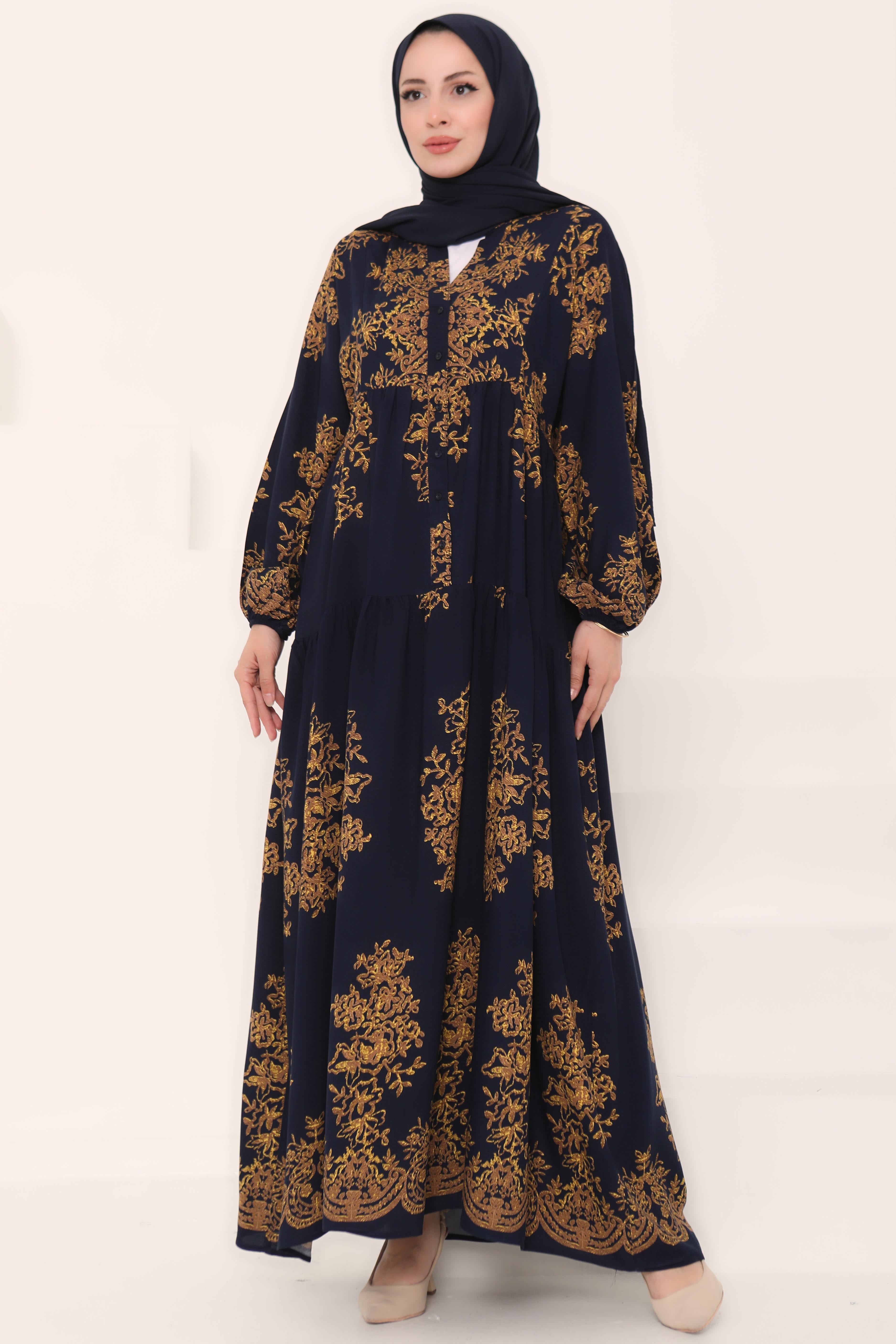 Desenli Düğmeli Elbise Lacivert - 27024 - 3
