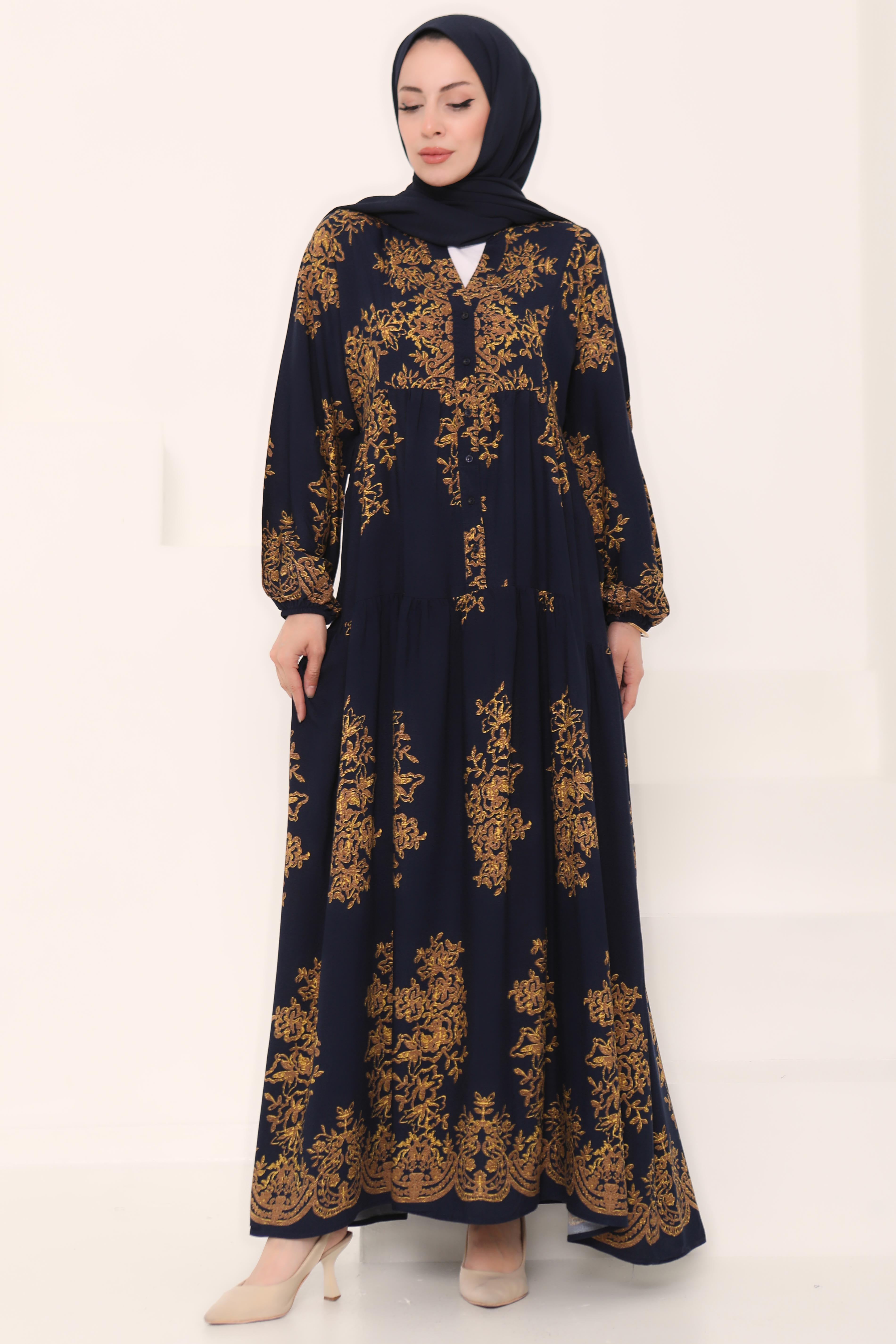 Desenli Düğmeli Elbise Lacivert - 27024 - 4
