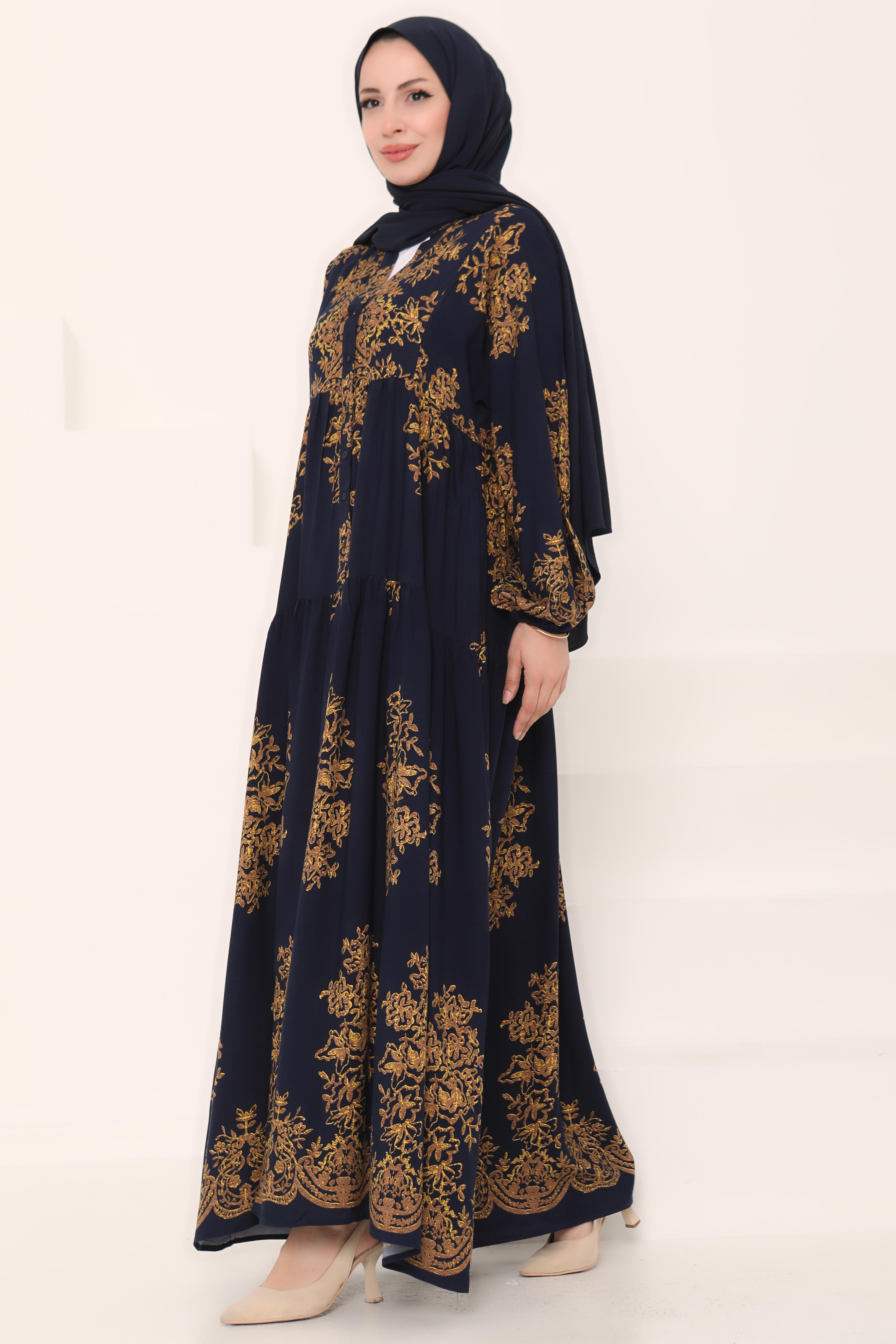 Desenli Düğmeli Elbise Lacivert - 27024 - 5