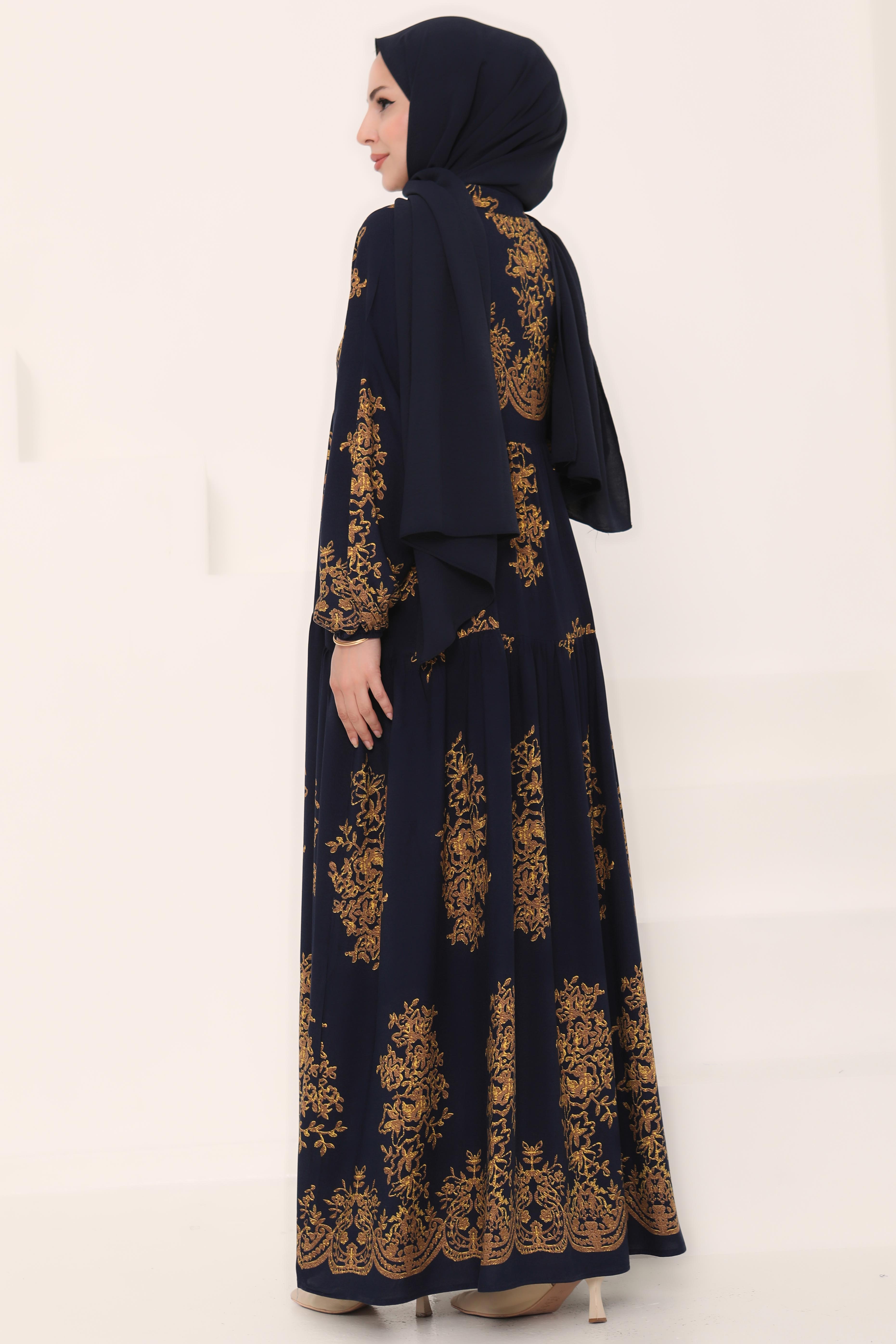 Desenli Düğmeli Elbise Lacivert - 27024 - 6