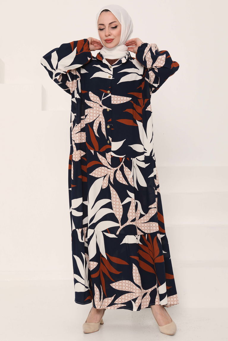 Desenli Düğmeli Elbise Lacivert - 27041 - TOFİSA