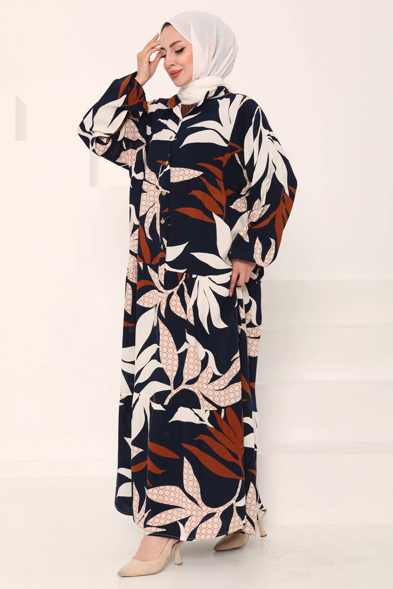 Desenli Düğmeli Elbise Lacivert - 27041 - TOFİSA