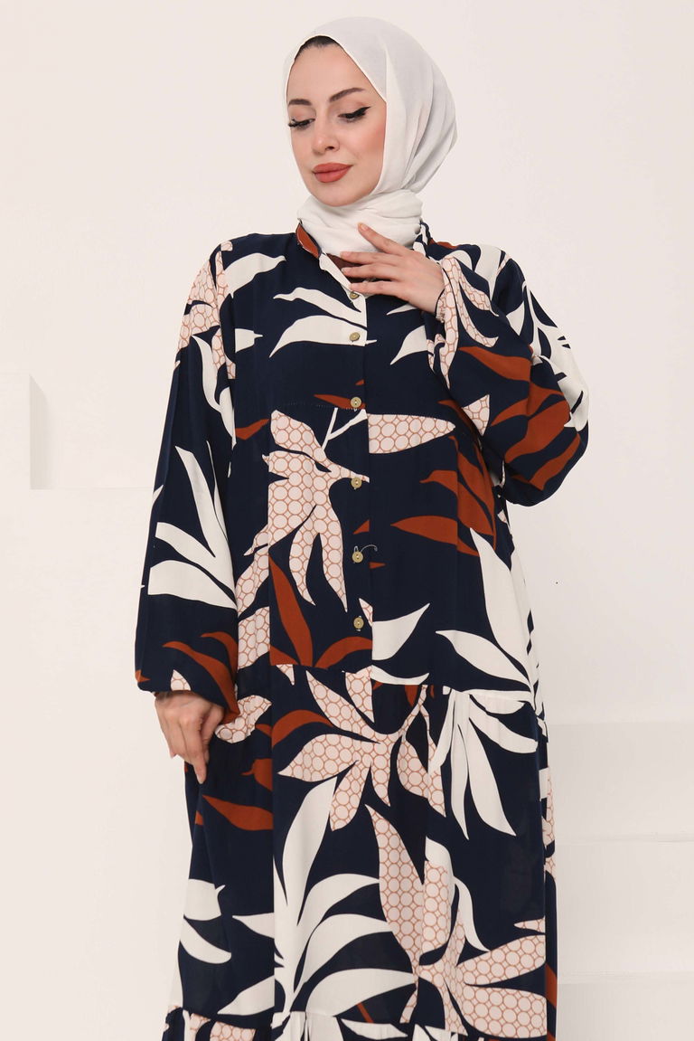 Desenli Düğmeli Elbise Lacivert - 27041 - TOFİSA
