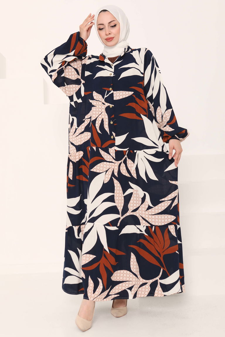 Desenli Düğmeli Elbise Lacivert - 27041 - TOFİSA