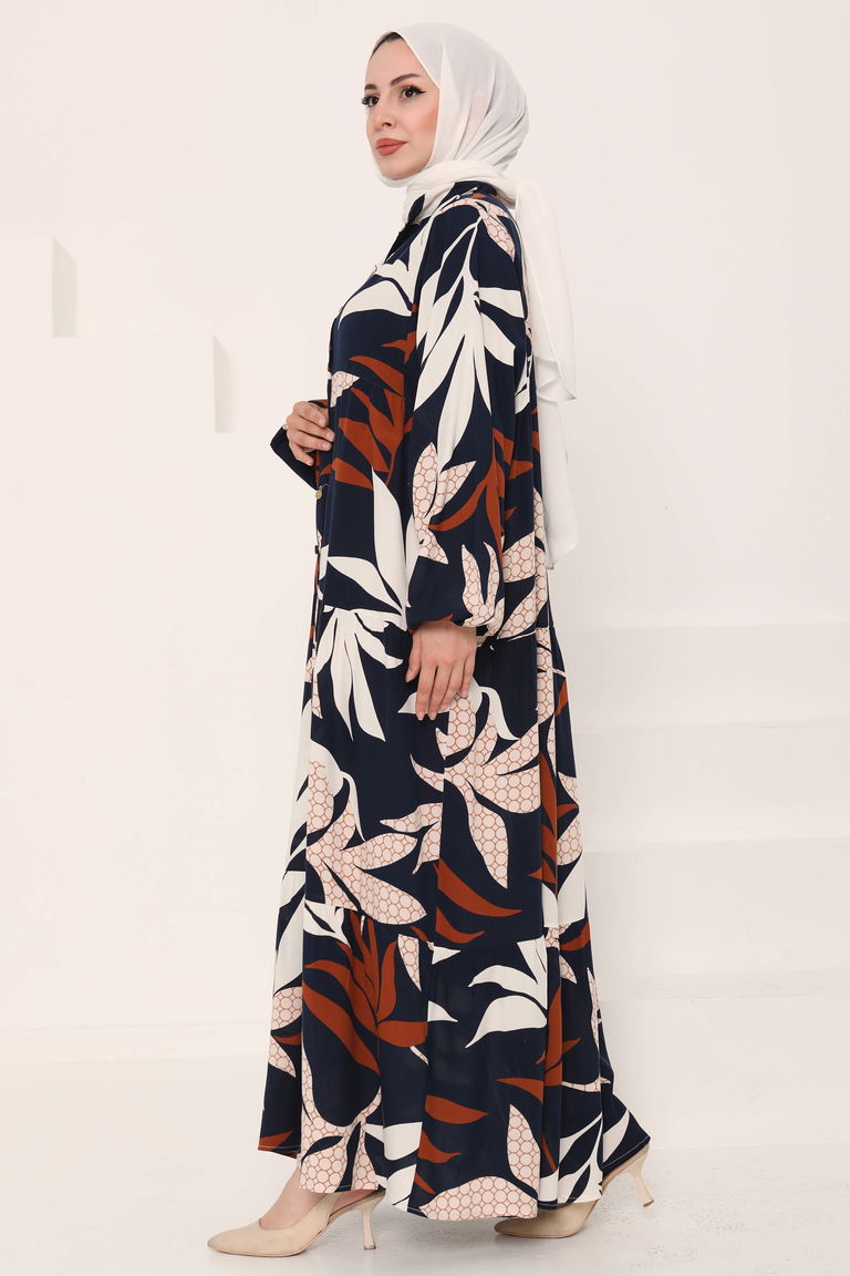 Desenli Düğmeli Elbise Lacivert - 27041 - TOFİSA