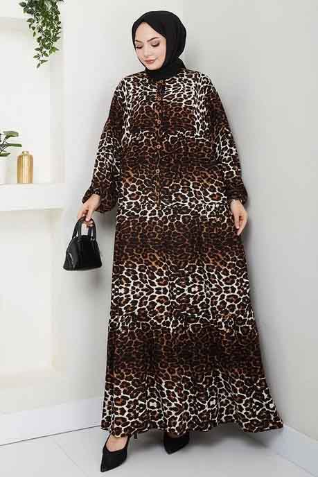 Desenli Düğmeli Elbise Leopar - 27264 - 1