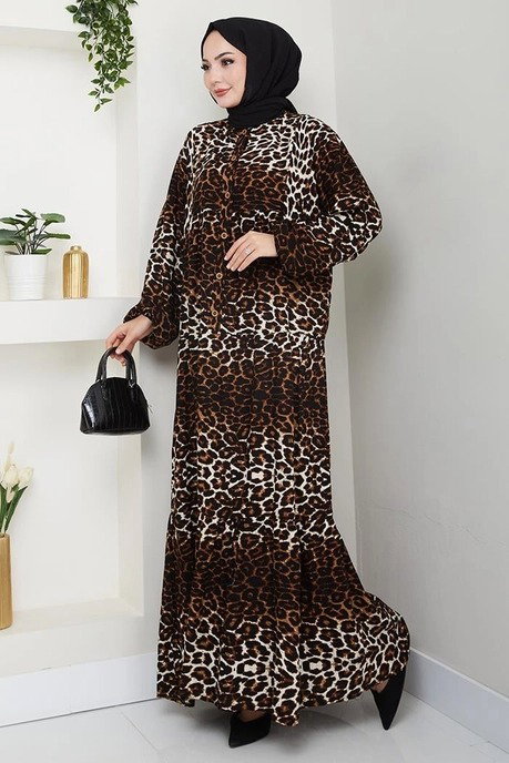 Desenli Düğmeli Elbise Leopar - 27264 - 2