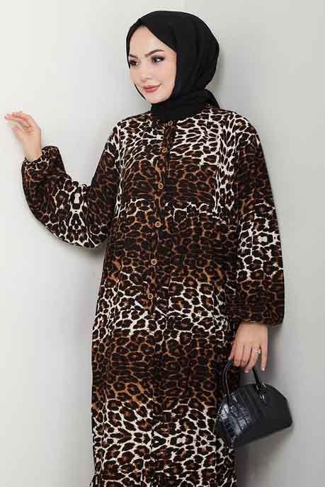 Desenli Düğmeli Elbise Leopar - 27264 - 3