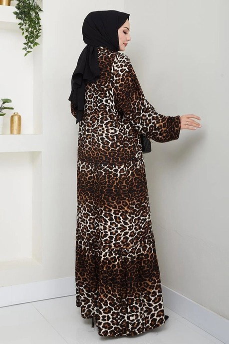Desenli Düğmeli Elbise Leopar - 27264 - 4