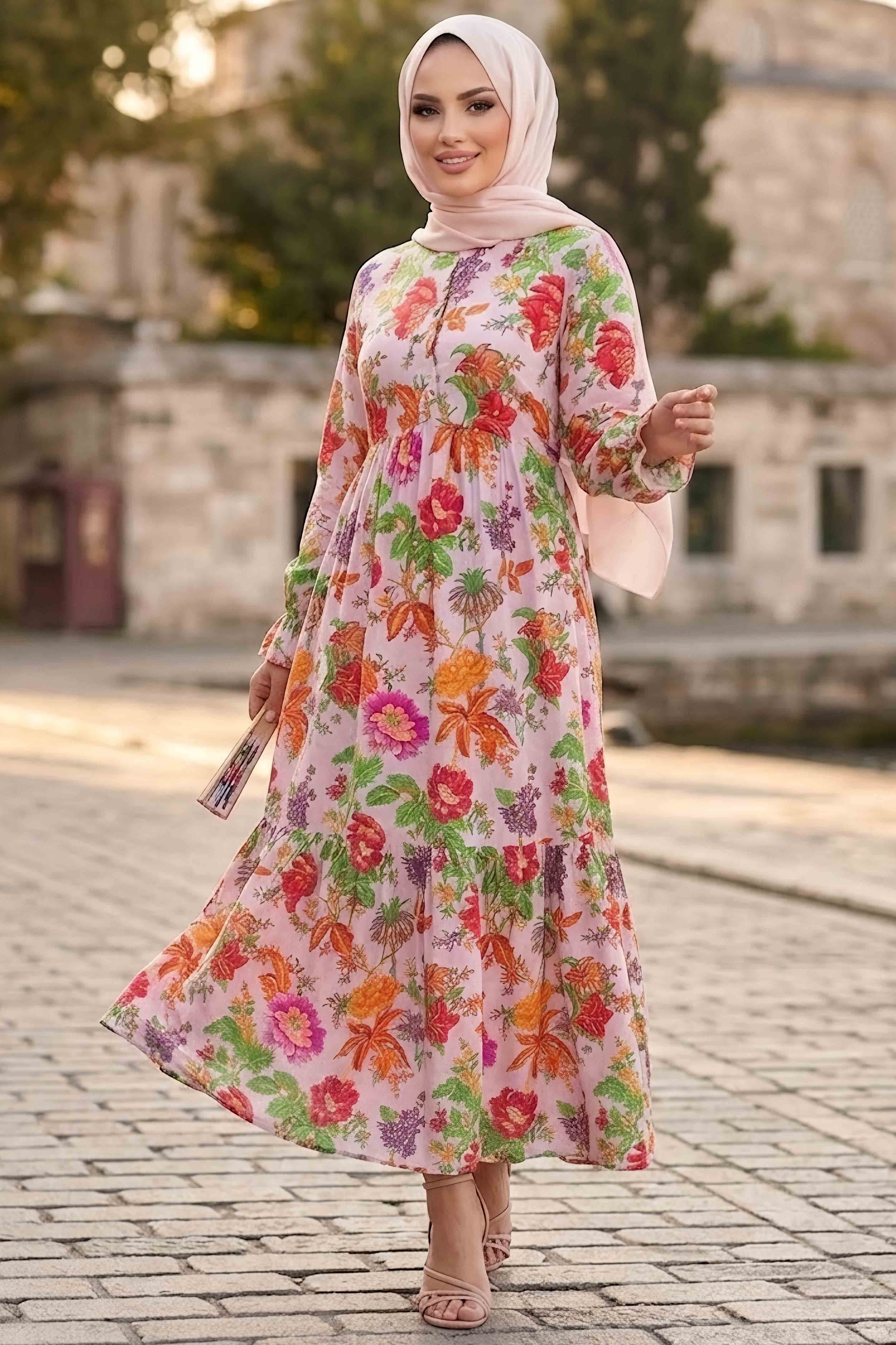Desenli Düğmeli Elbise Lila - 28879-LILA - 1