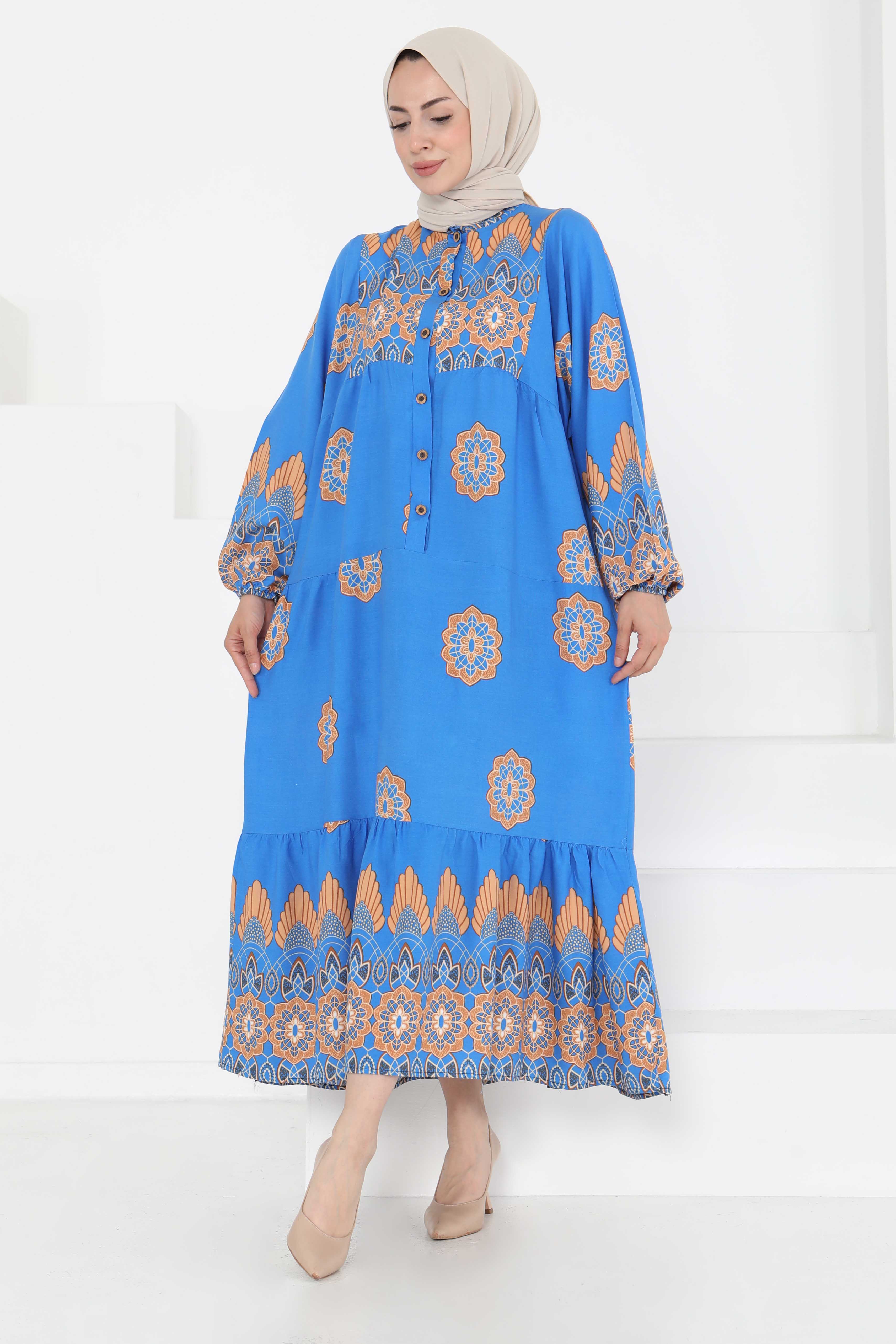 Desenli Düğmeli Elbise Mavi - 27262 - 1