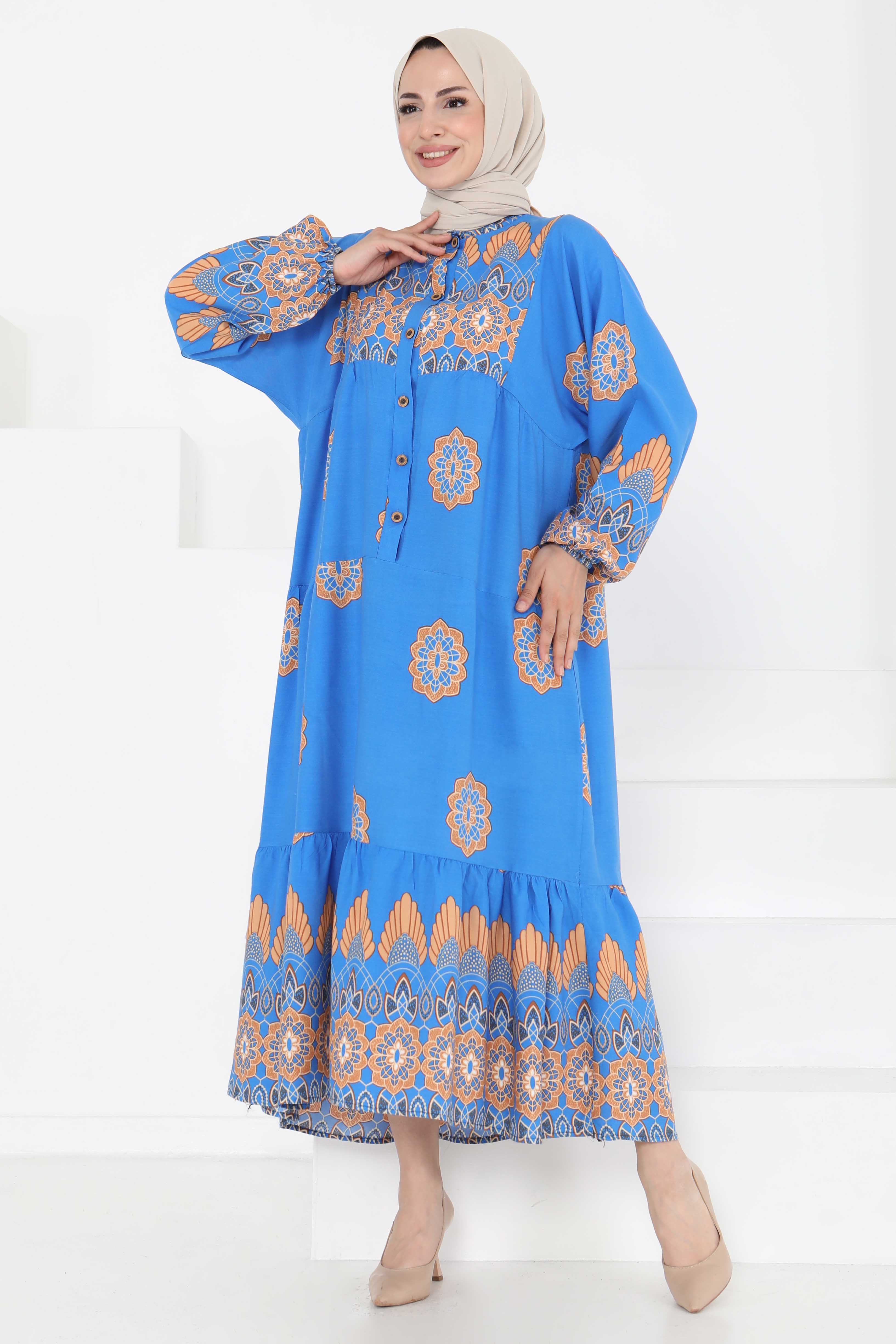 Desenli Düğmeli Elbise Mavi - 27262 - 2