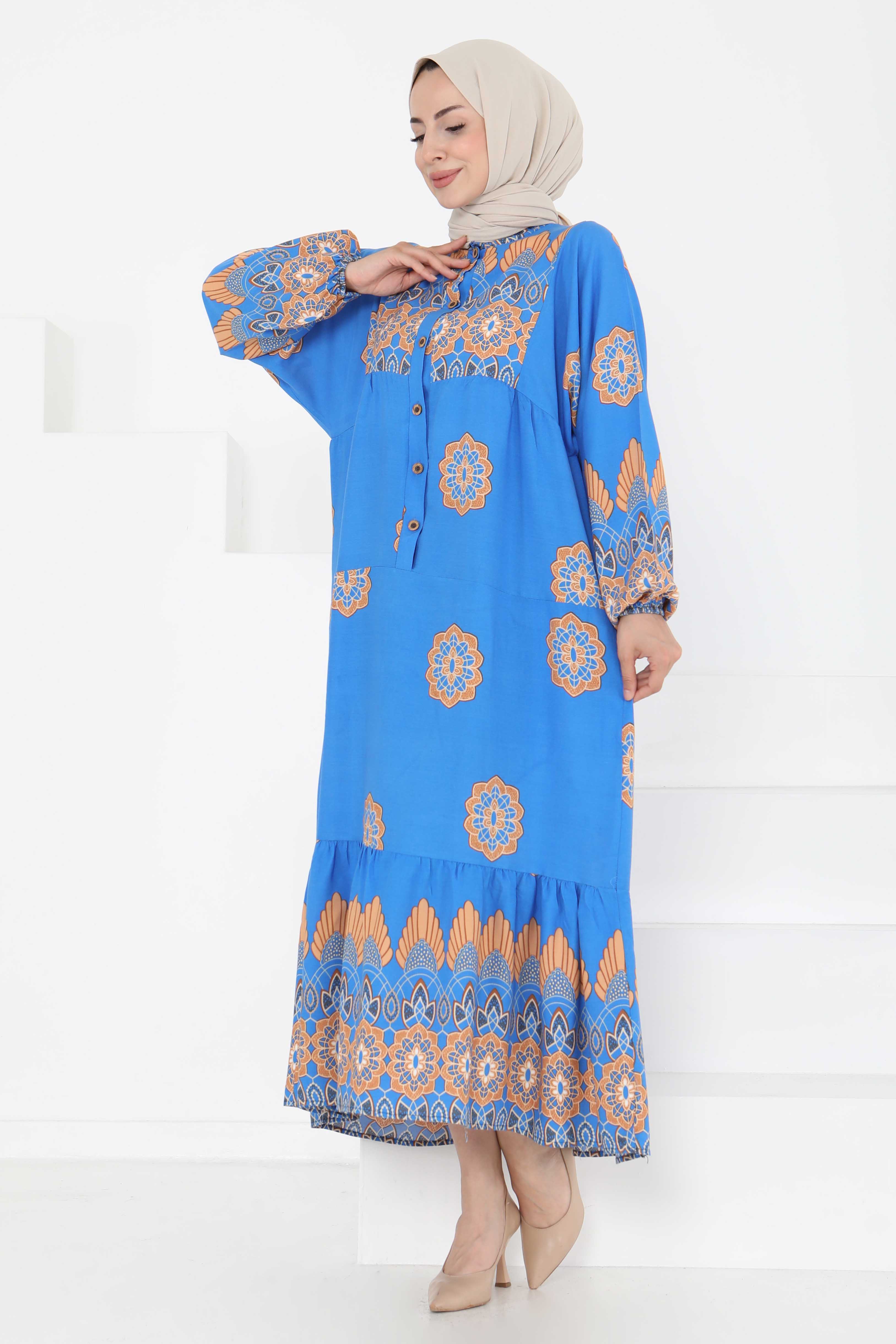 Desenli Düğmeli Elbise Mavi - 27262 - 3