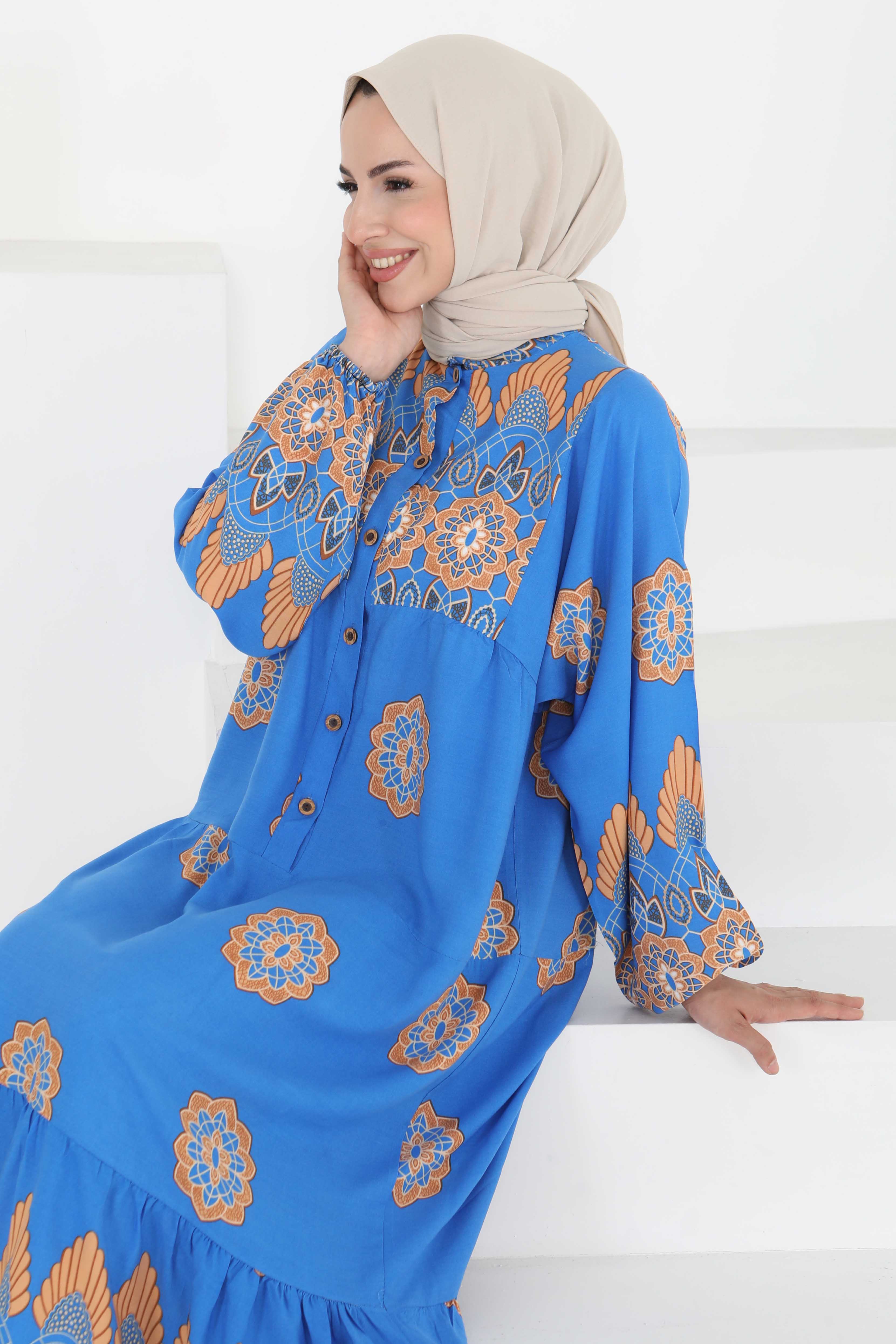 Desenli Düğmeli Elbise Mavi - 27262 - 4