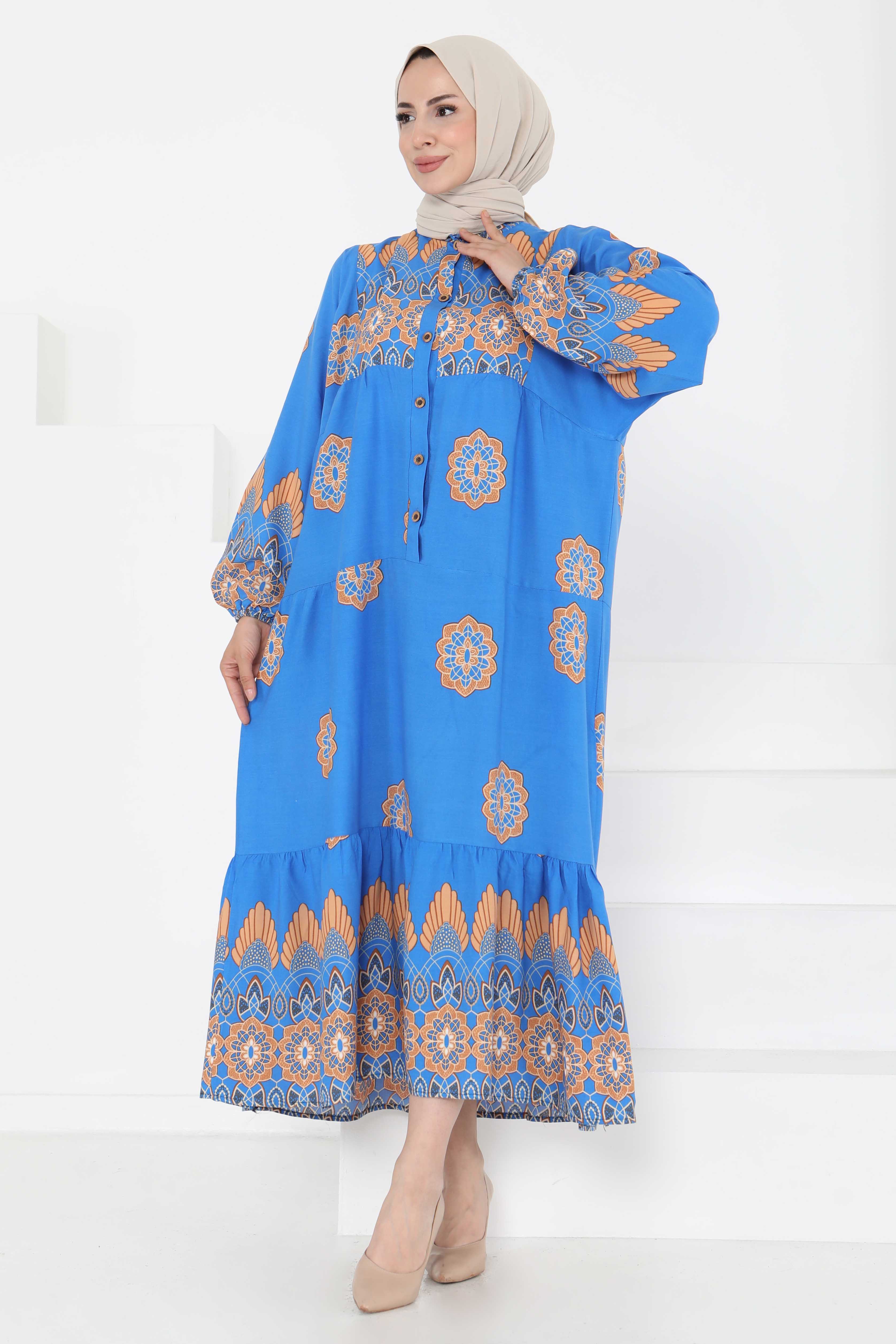 Desenli Düğmeli Elbise Mavi - 27262 - 5