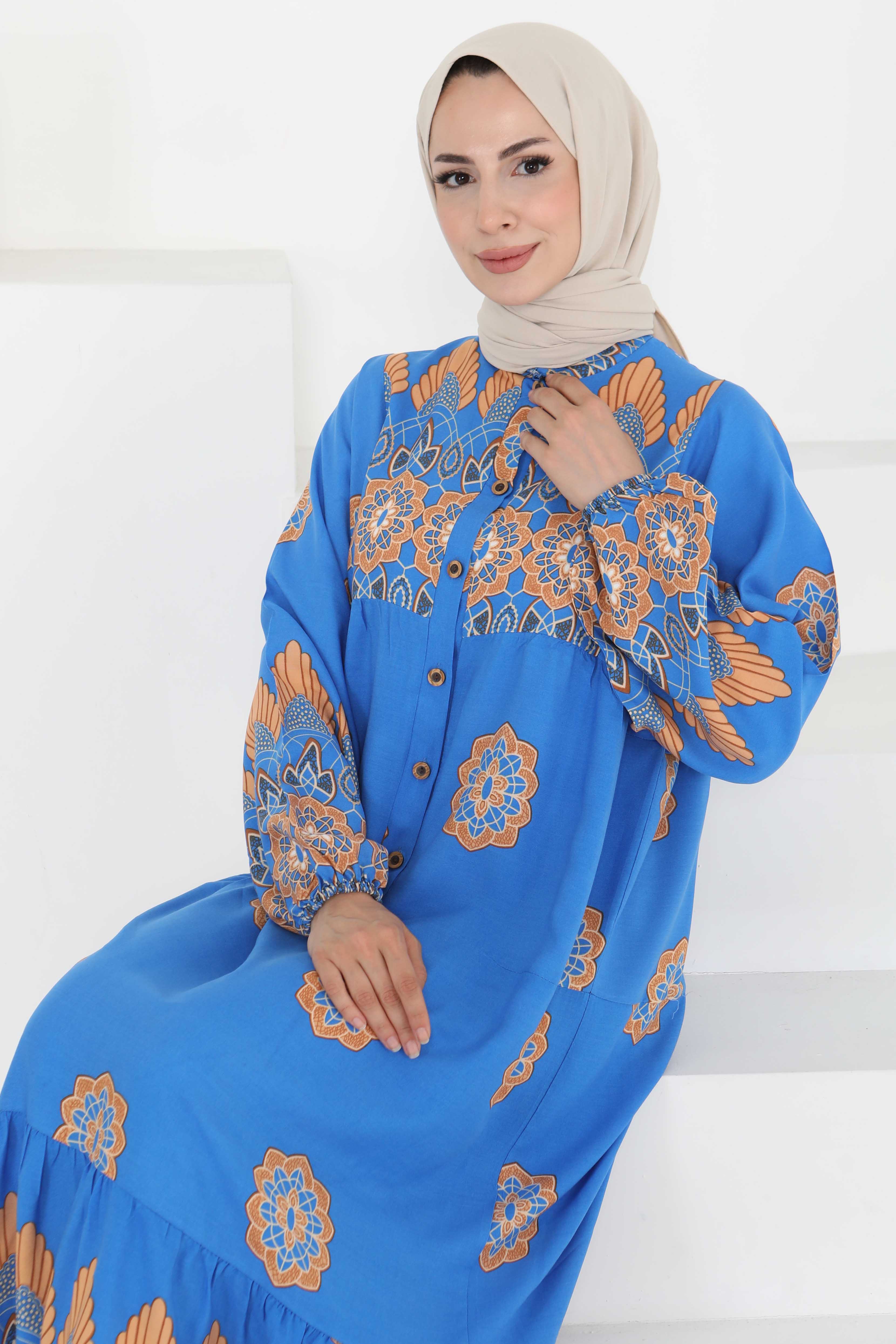 Desenli Düğmeli Elbise Mavi - 27262 - 6