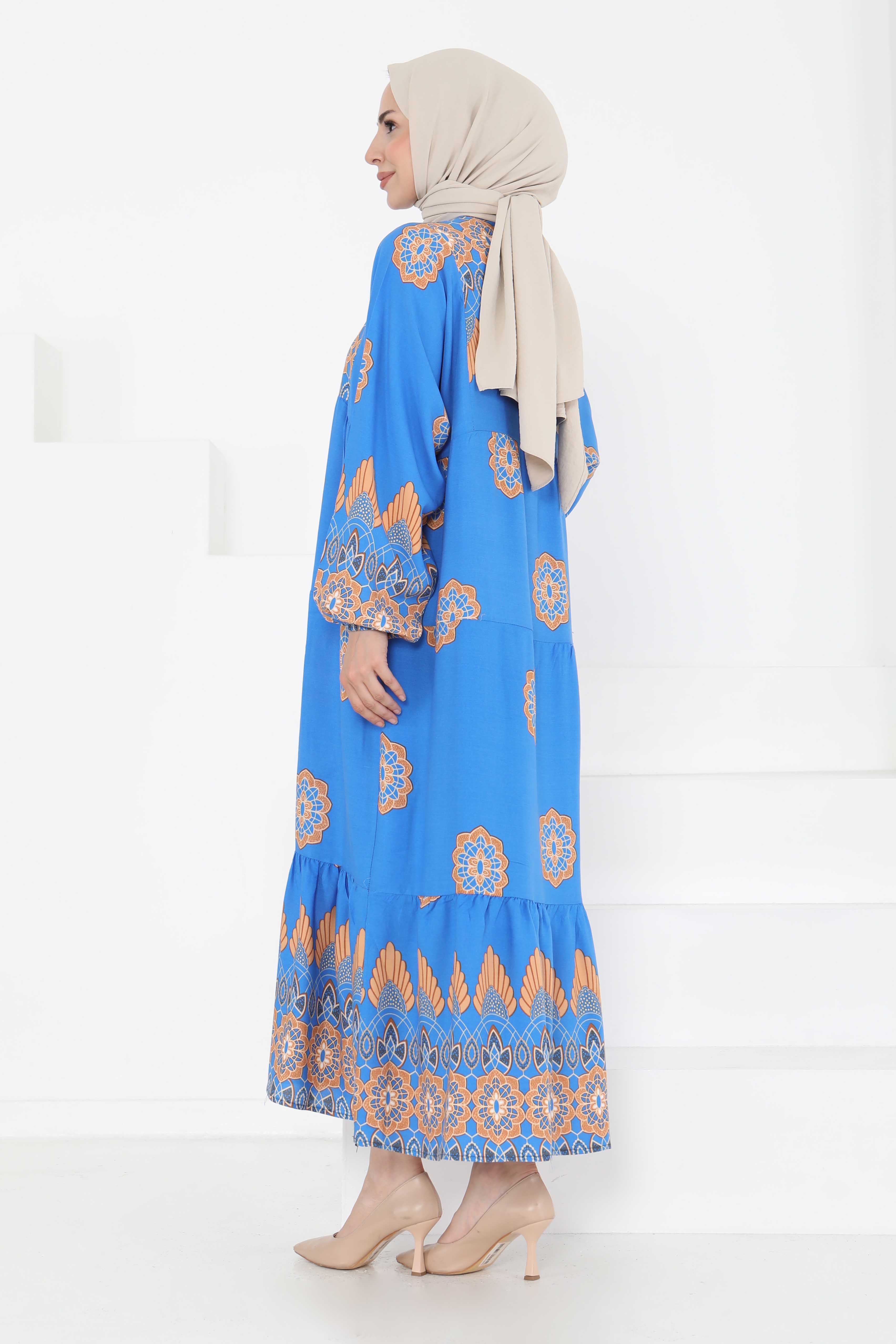 Desenli Düğmeli Elbise Mavi - 27262 - 7