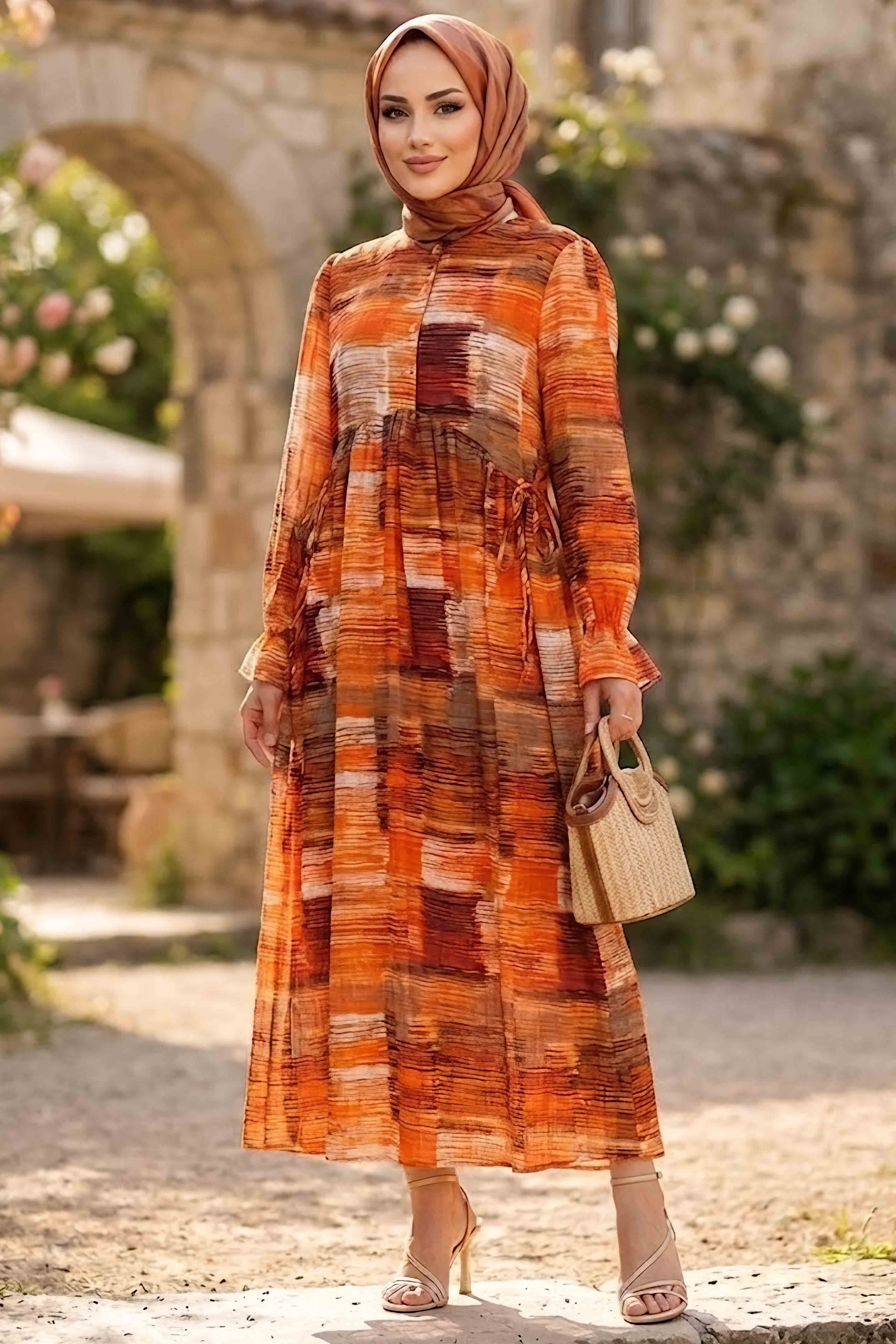 Desenli Düğmeli Elbise Orange - 28879-ORANGE - 1