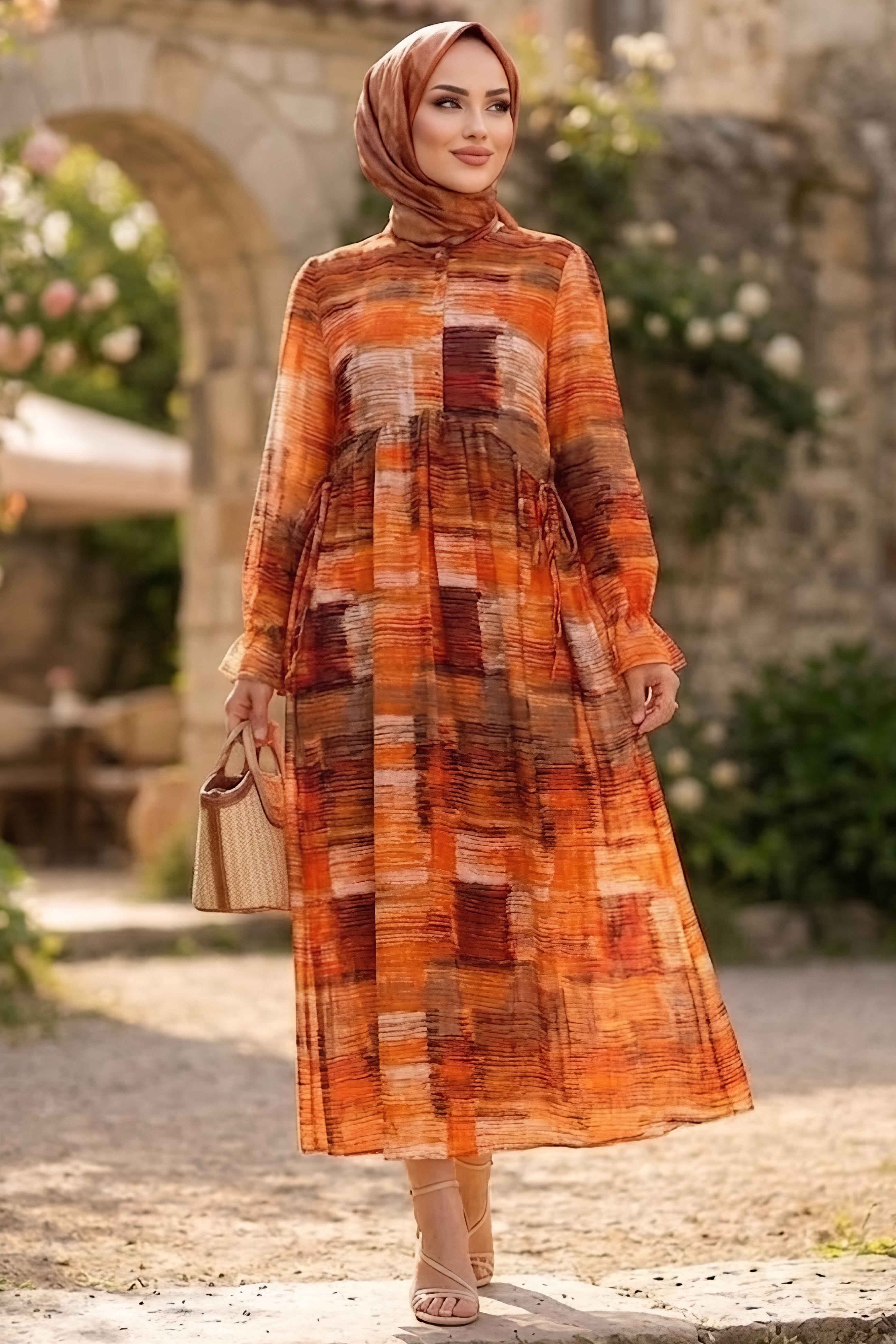Desenli Düğmeli Elbise Orange - 28879-ORANGE - 2