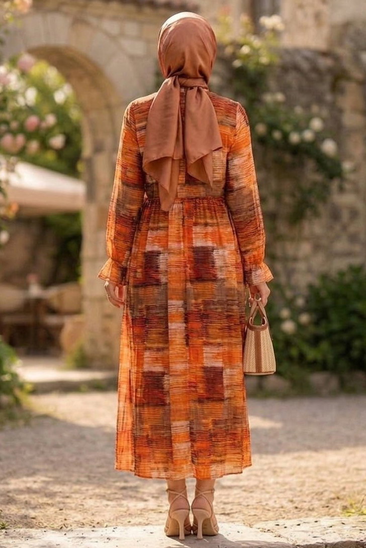 Desenli Düğmeli Elbise Orange - 28879-ORANGE - 3