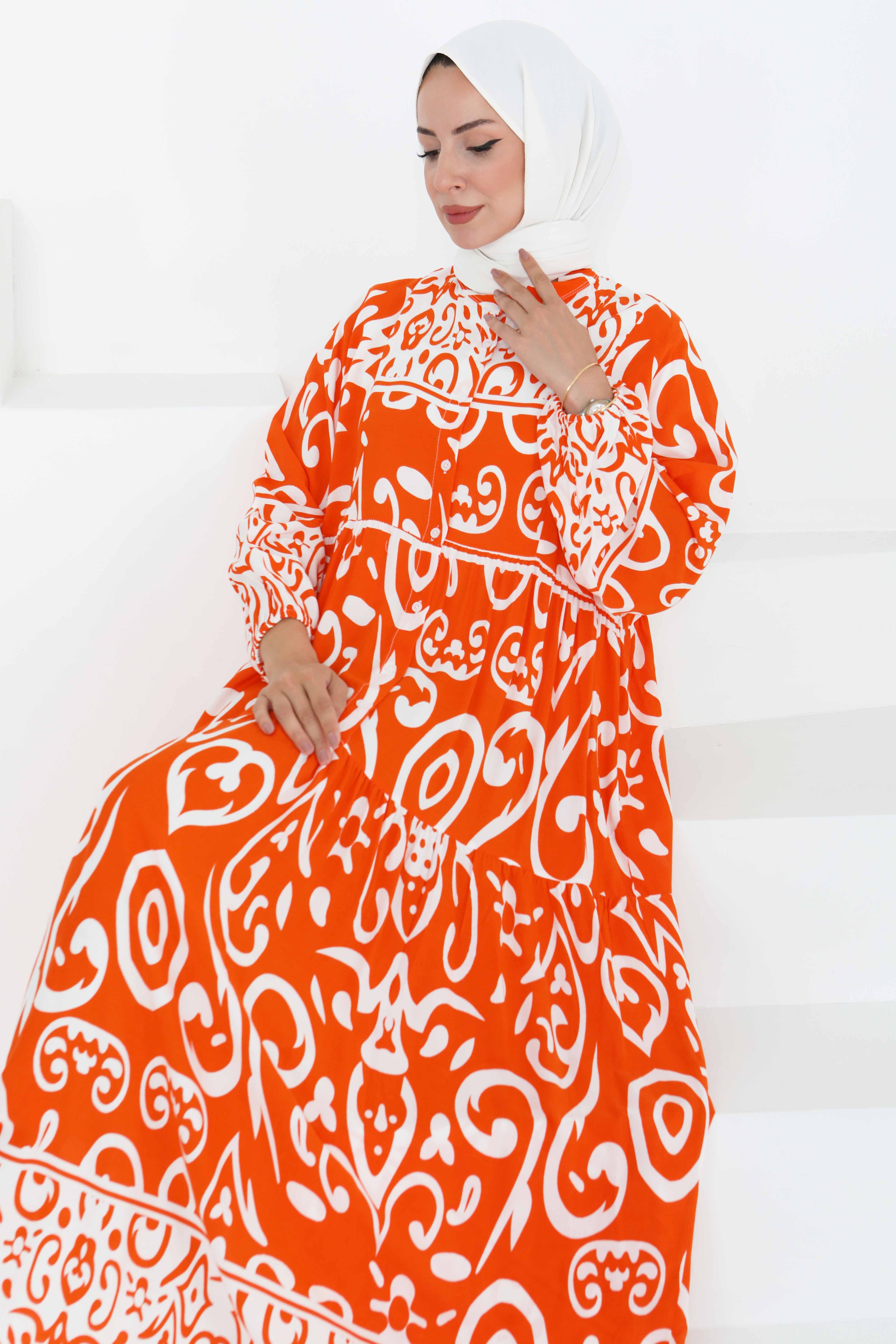 Desenli Düğmeli Elbise Oranj - 27428 - 1