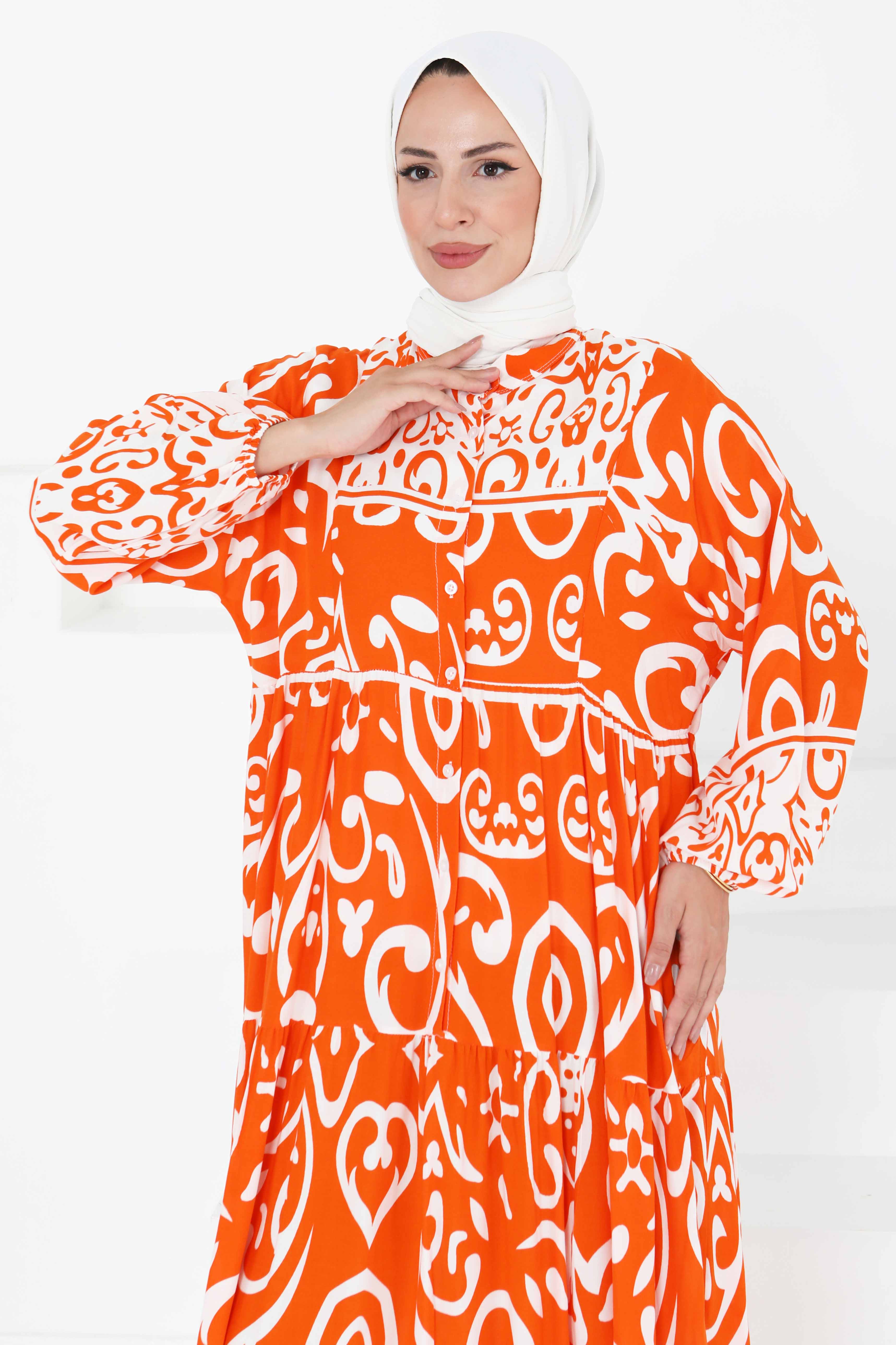 Desenli Düğmeli Elbise Oranj - 27428 - 4