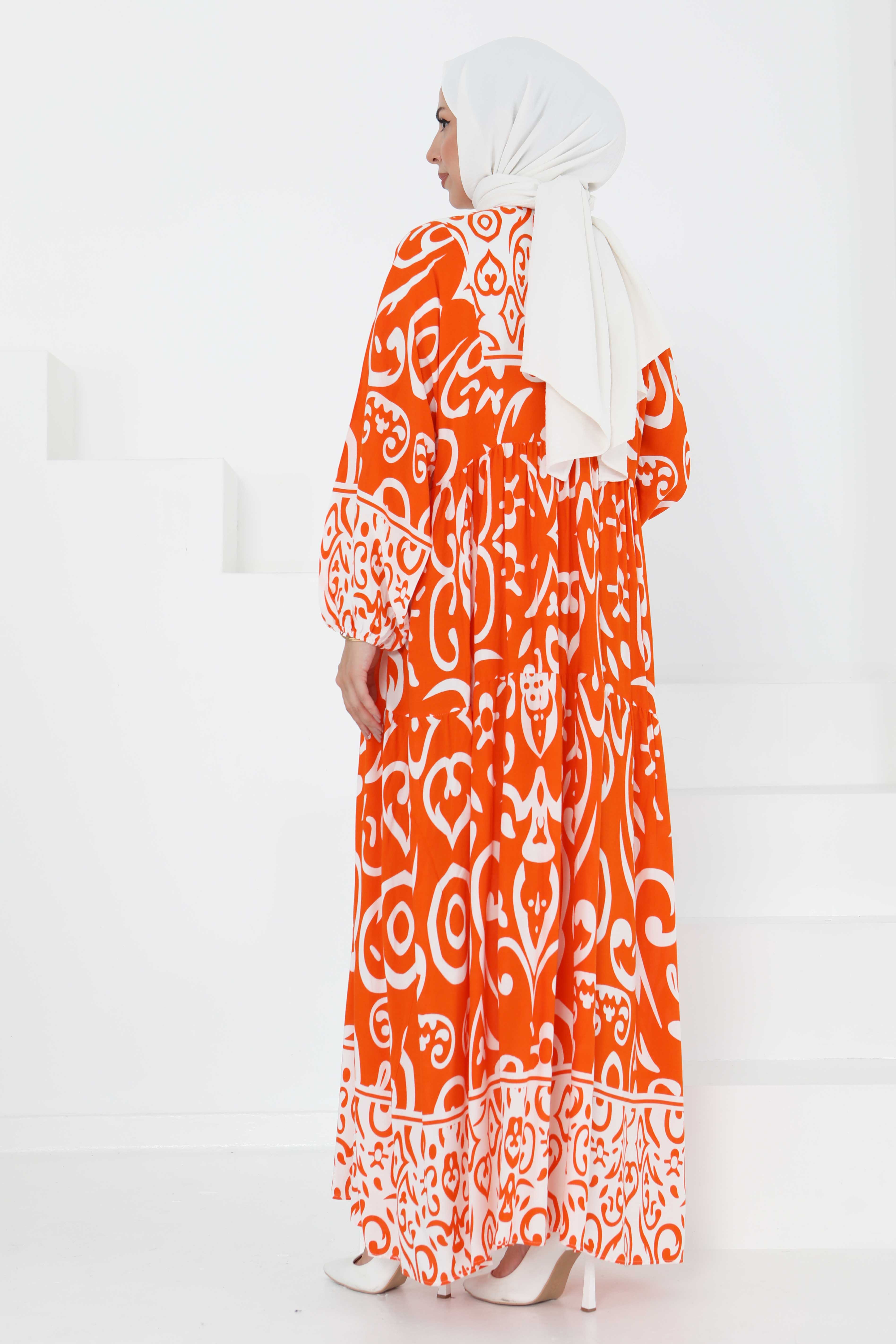 Desenli Düğmeli Elbise Oranj - 27428 - 5