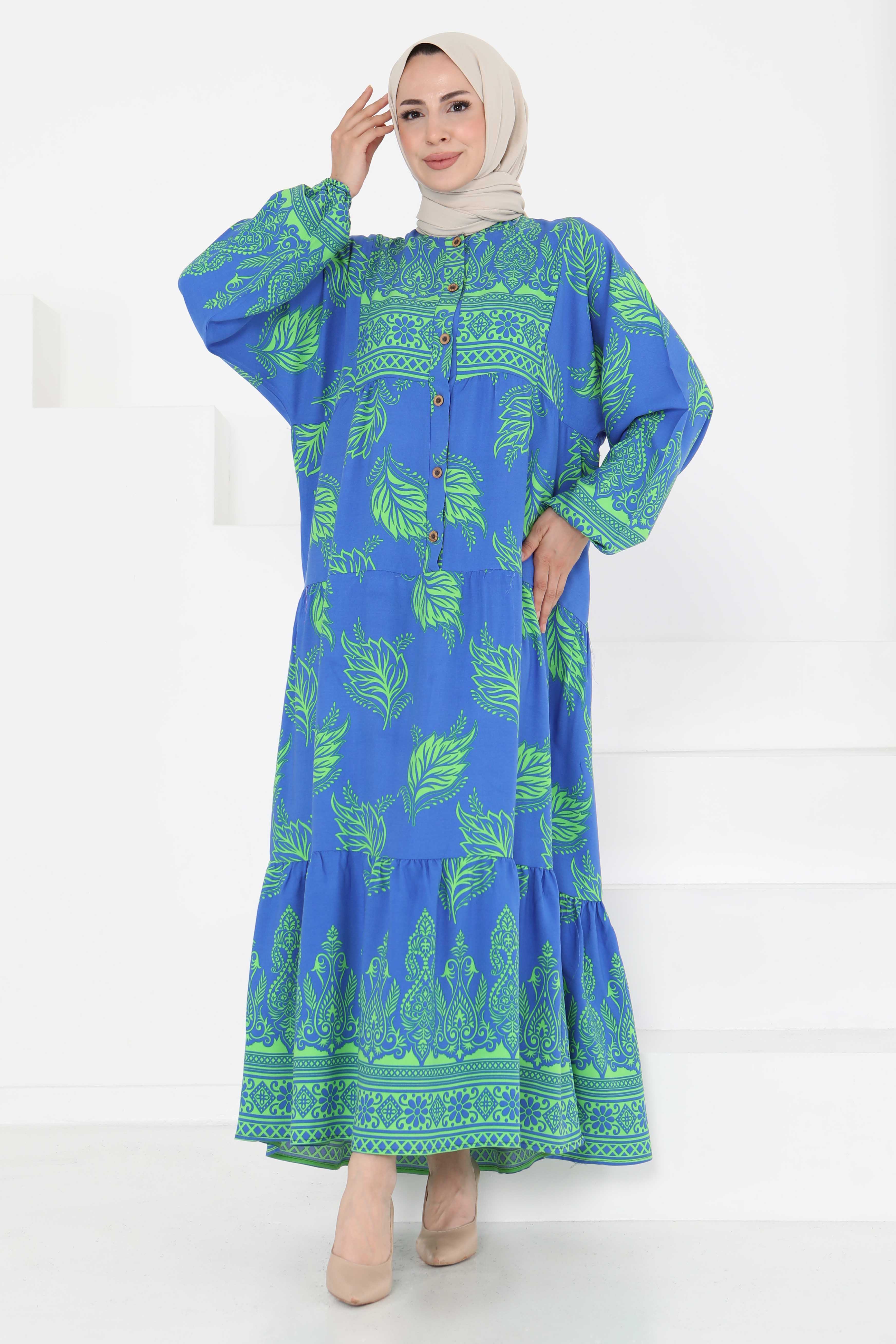 Desenli Düğmeli Elbise Saks - 27263 - 1