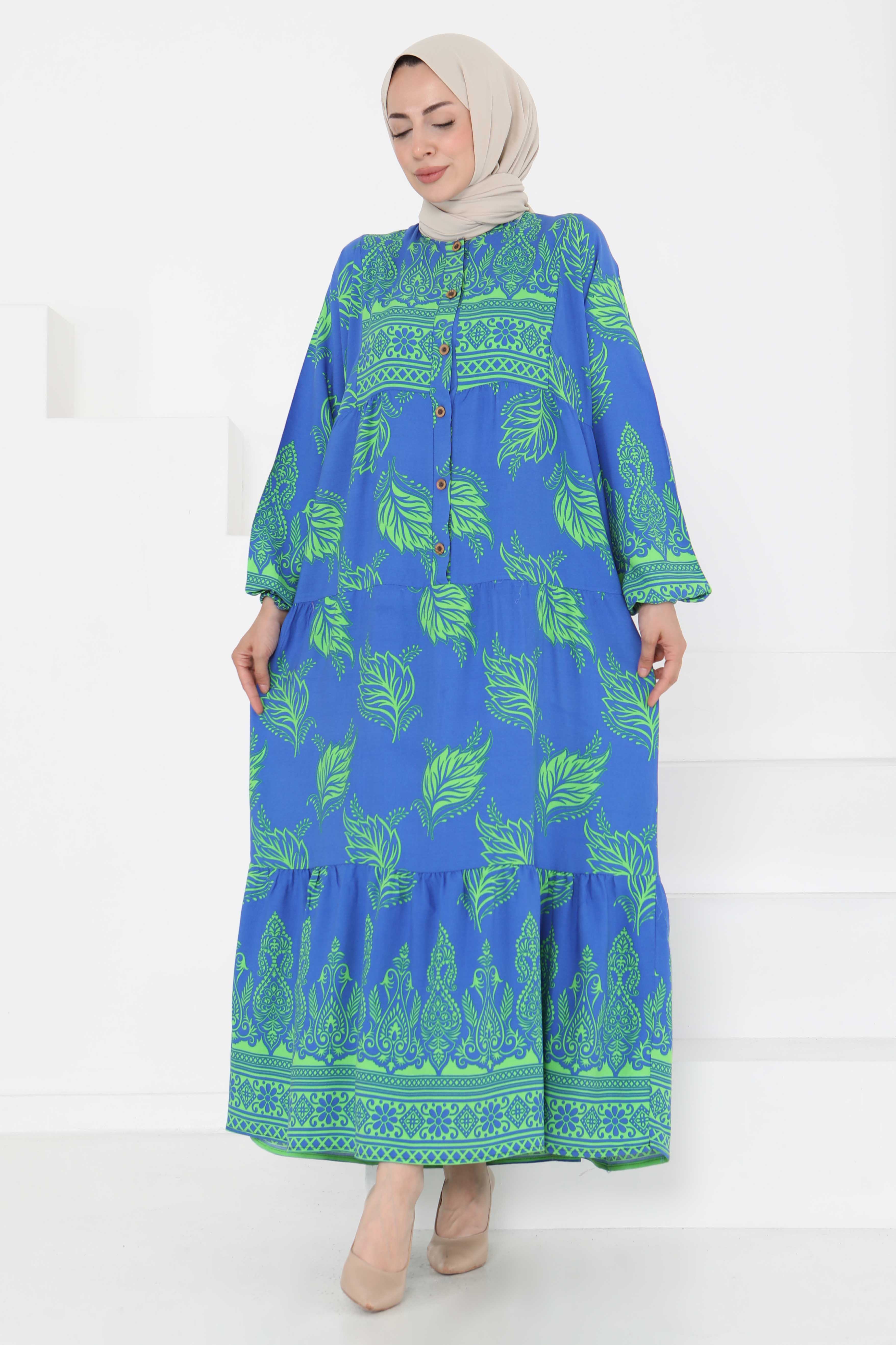 Desenli Düğmeli Elbise Saks - 27263 - 2