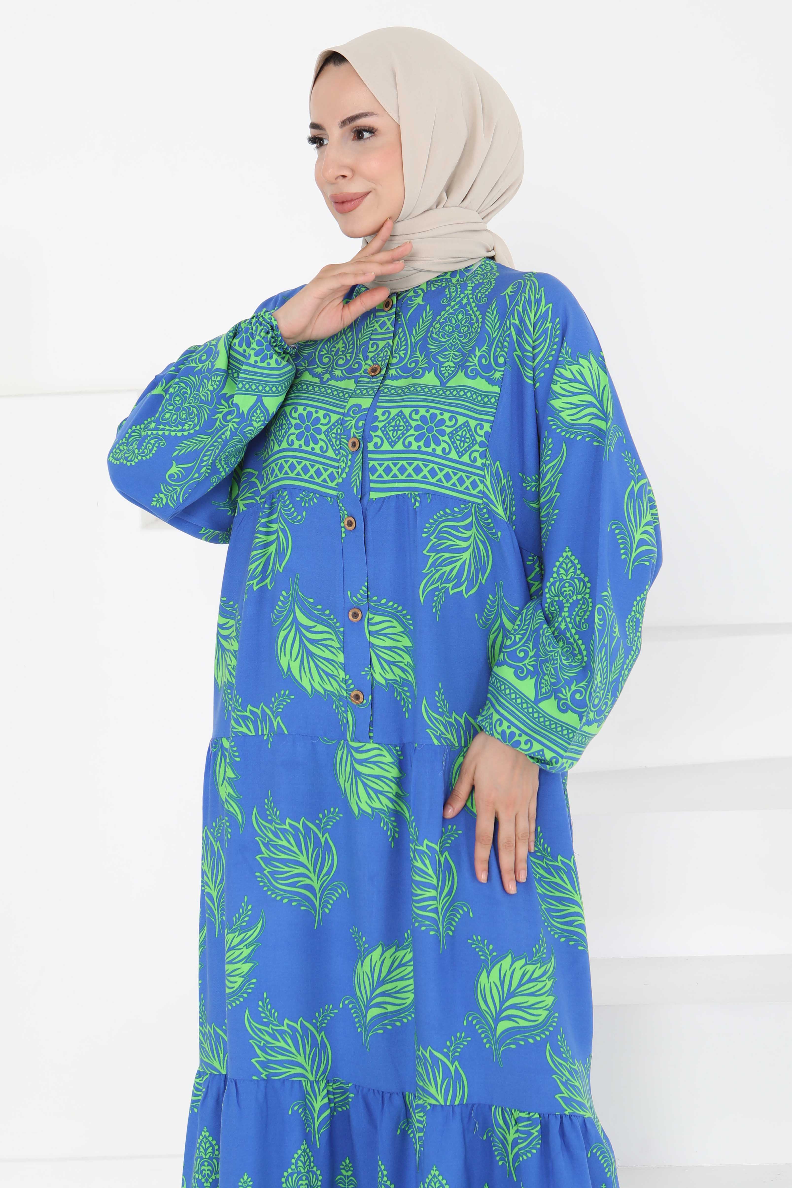 Desenli Düğmeli Elbise Saks - 27263 - 3