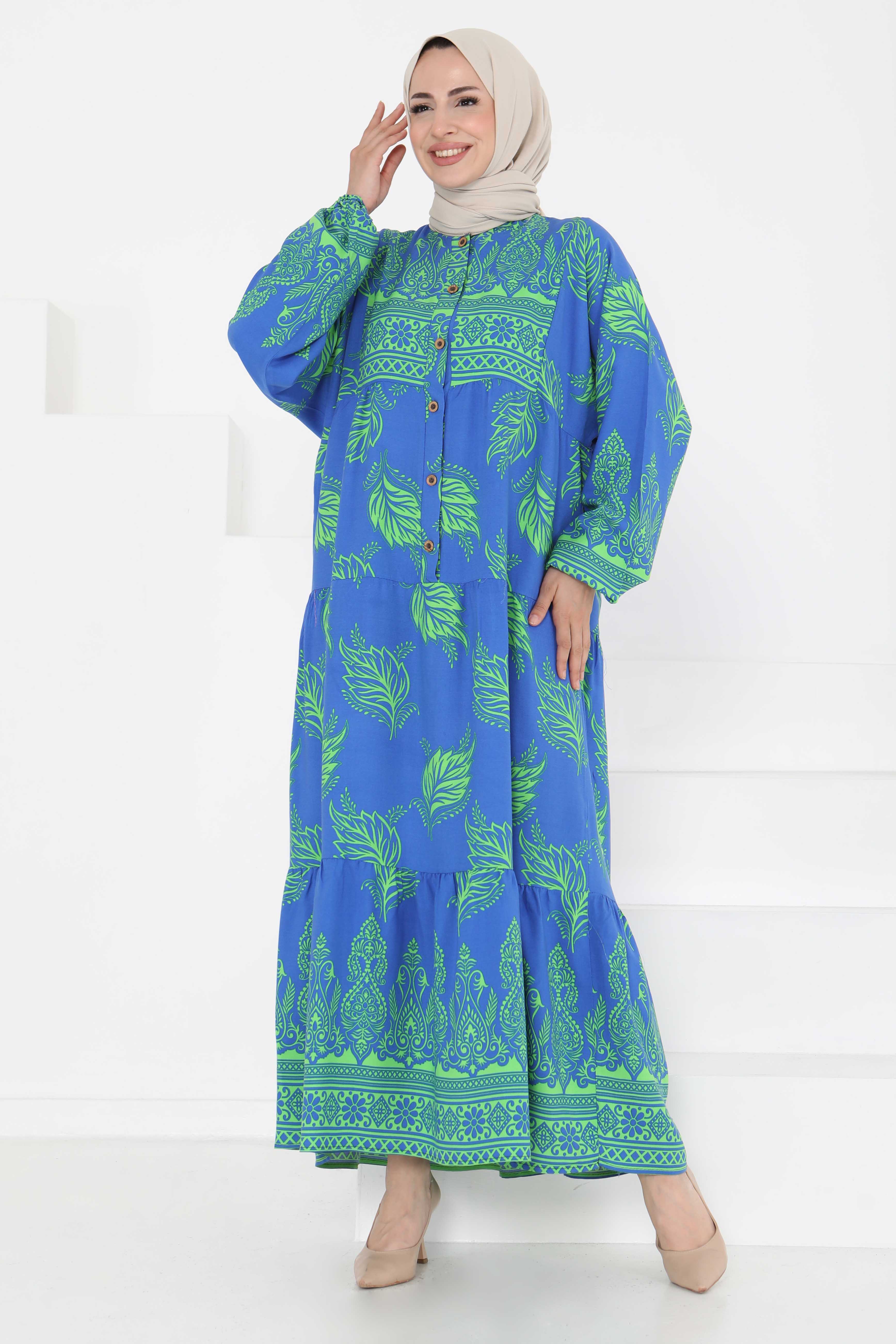 Desenli Düğmeli Elbise Saks - 27263 - 4