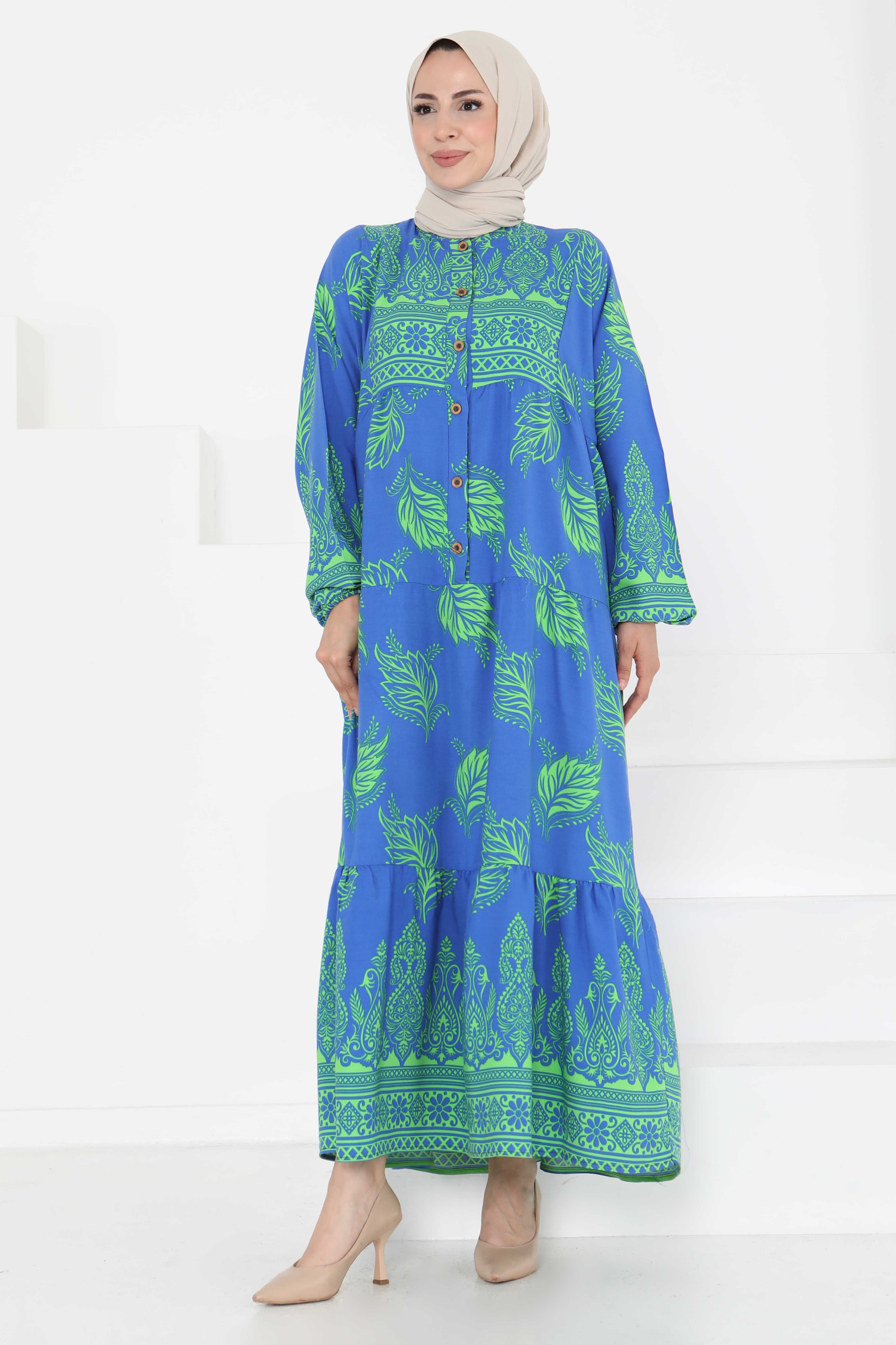 Desenli Düğmeli Elbise Saks - 27263 - 5