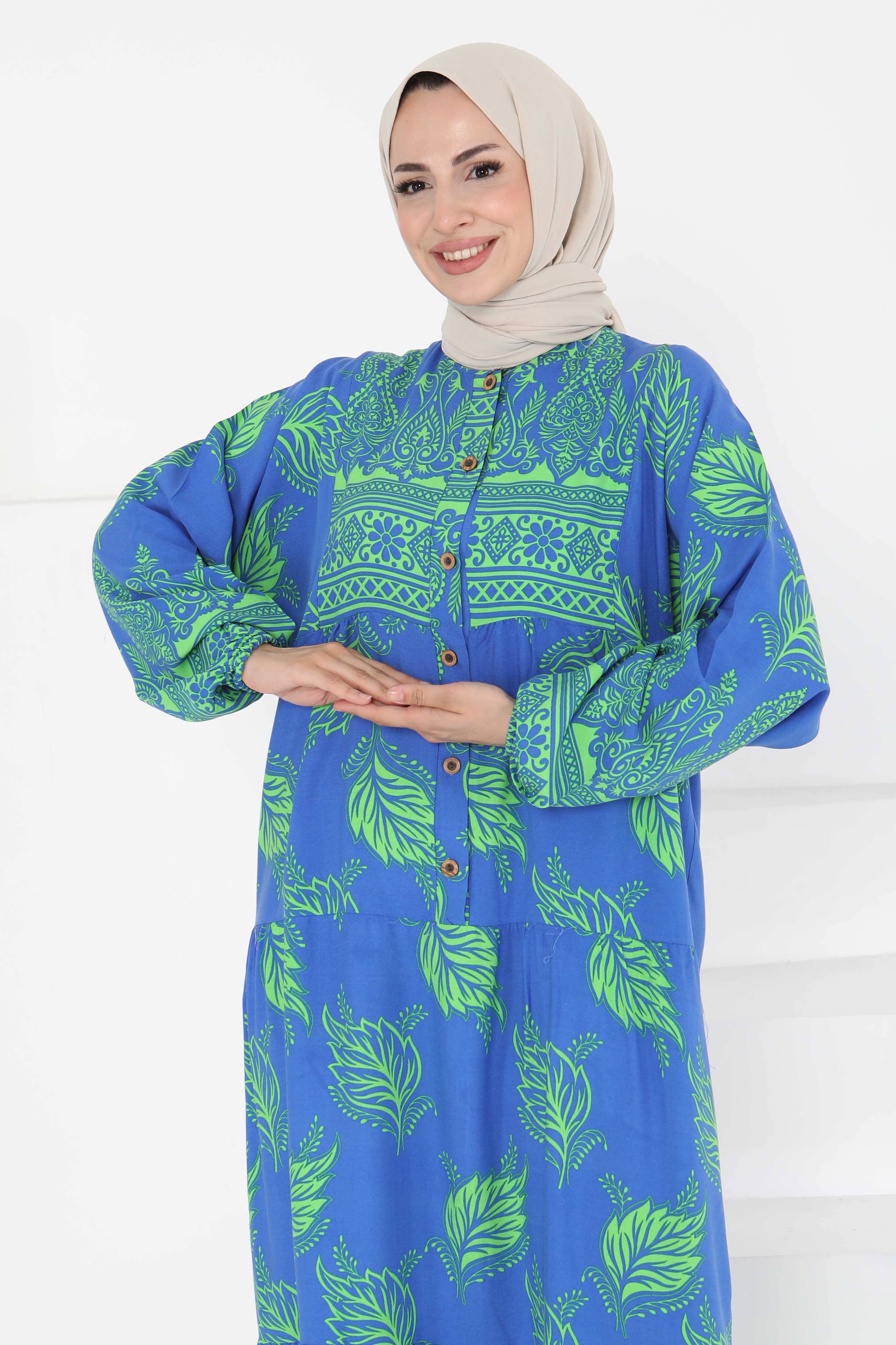 Desenli Düğmeli Elbise Saks - 27263 - 6