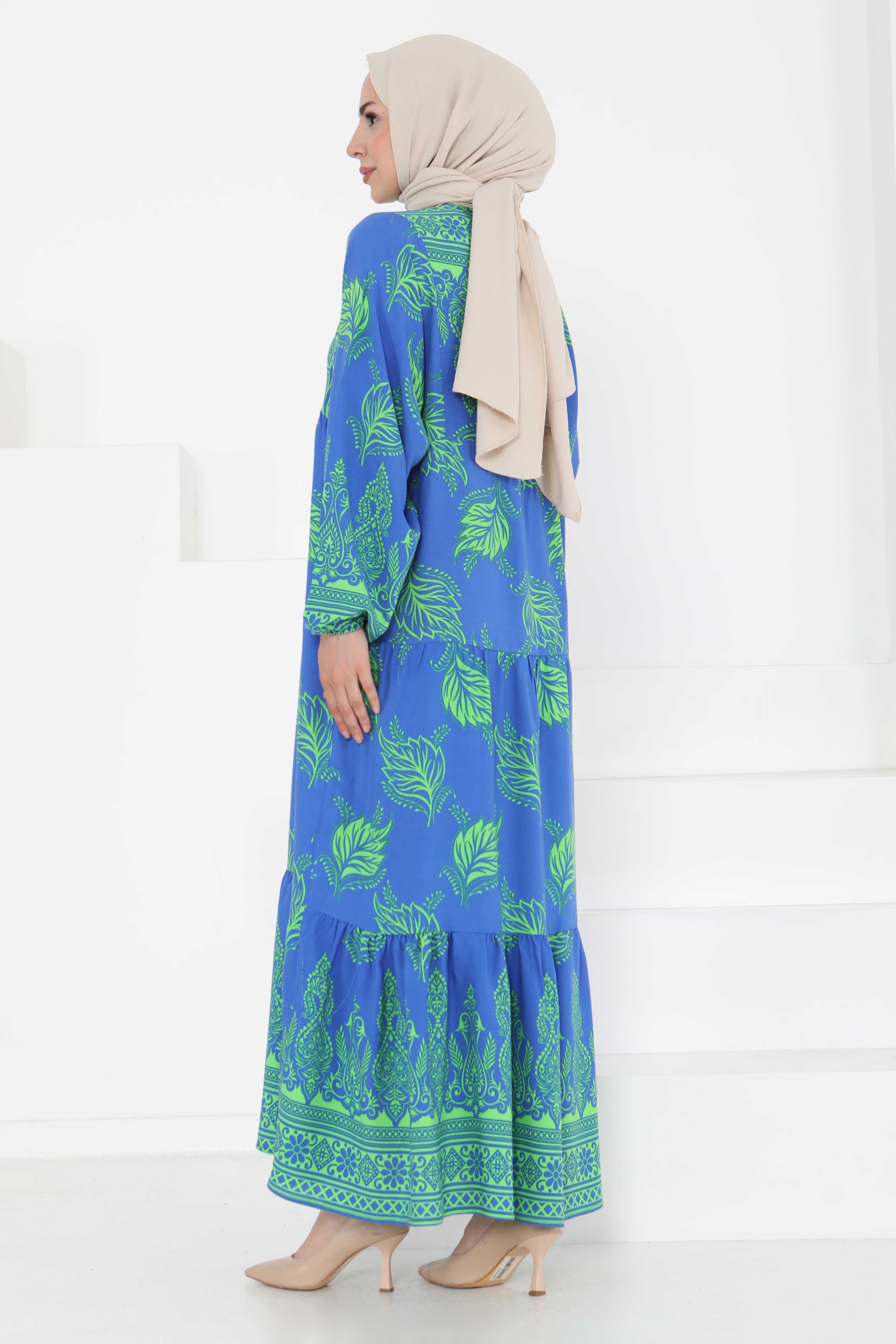 Desenli Düğmeli Elbise Saks - 27263 - 7