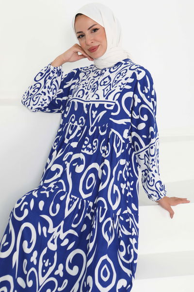 Desenli Düğmeli Elbise Saks - 27428 