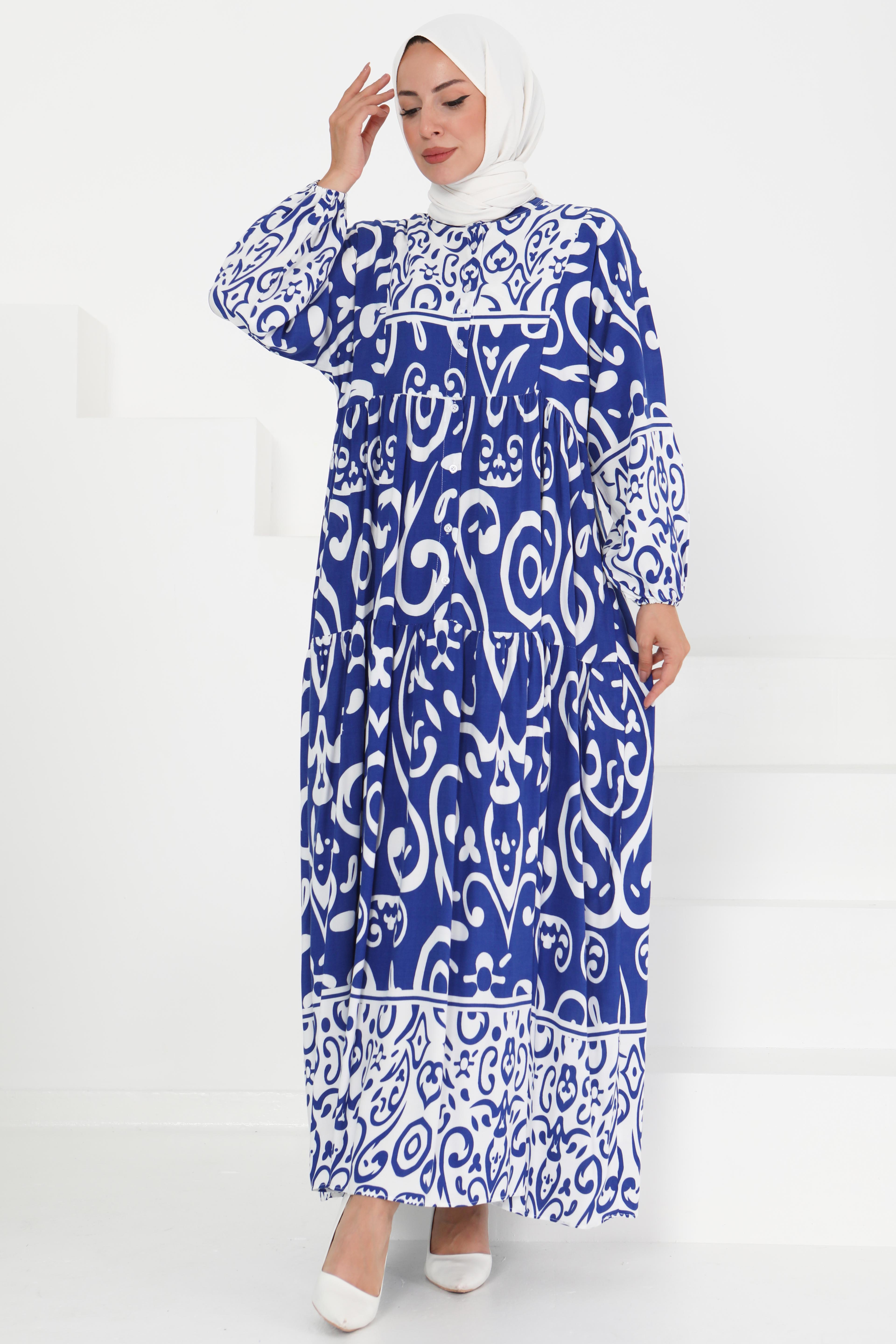 Desenli Düğmeli Elbise Saks - 27428 - 2