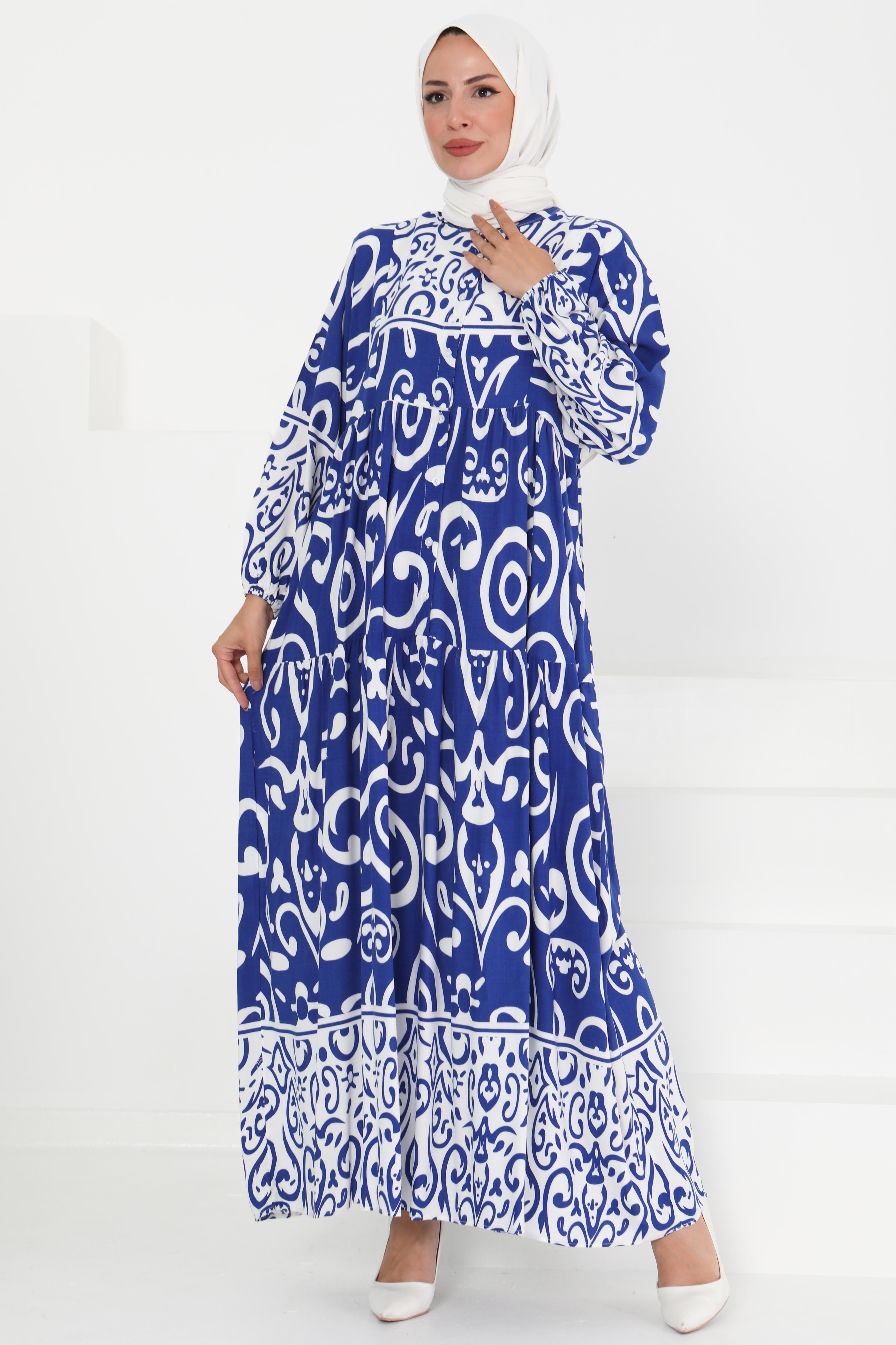 Desenli Düğmeli Elbise Saks - 27428 - 4