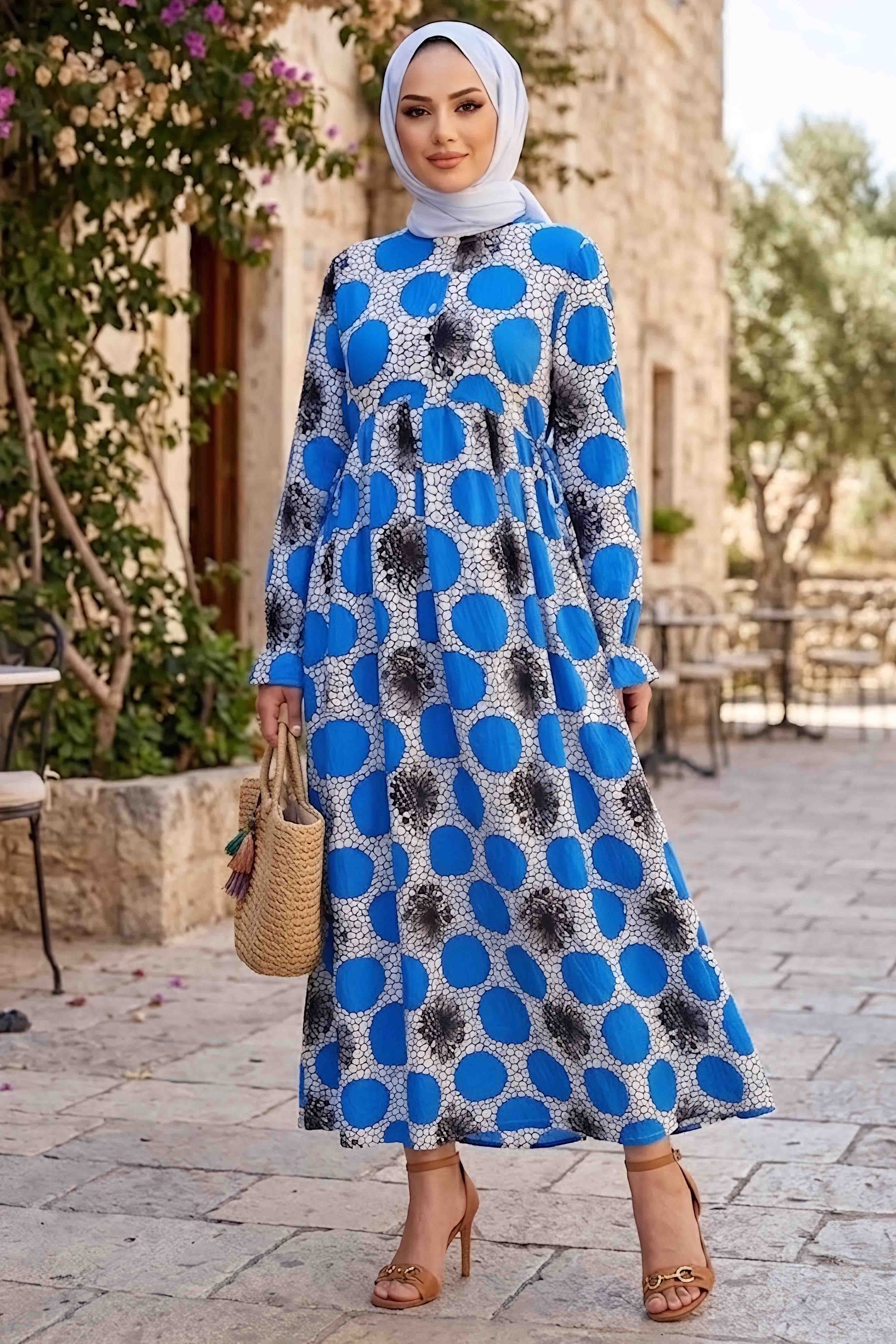 Desenli Düğmeli Elbise Saks - 28879-SAKS - 1