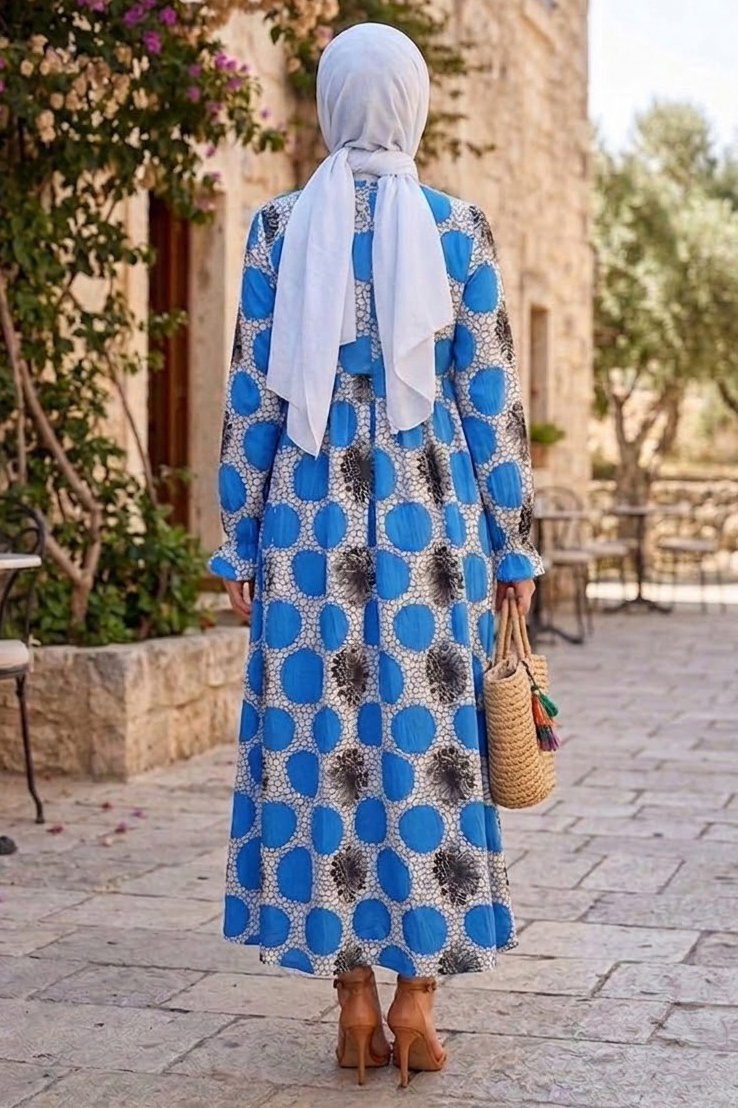 Desenli Düğmeli Elbise Saks - 28879-SAKS - 3