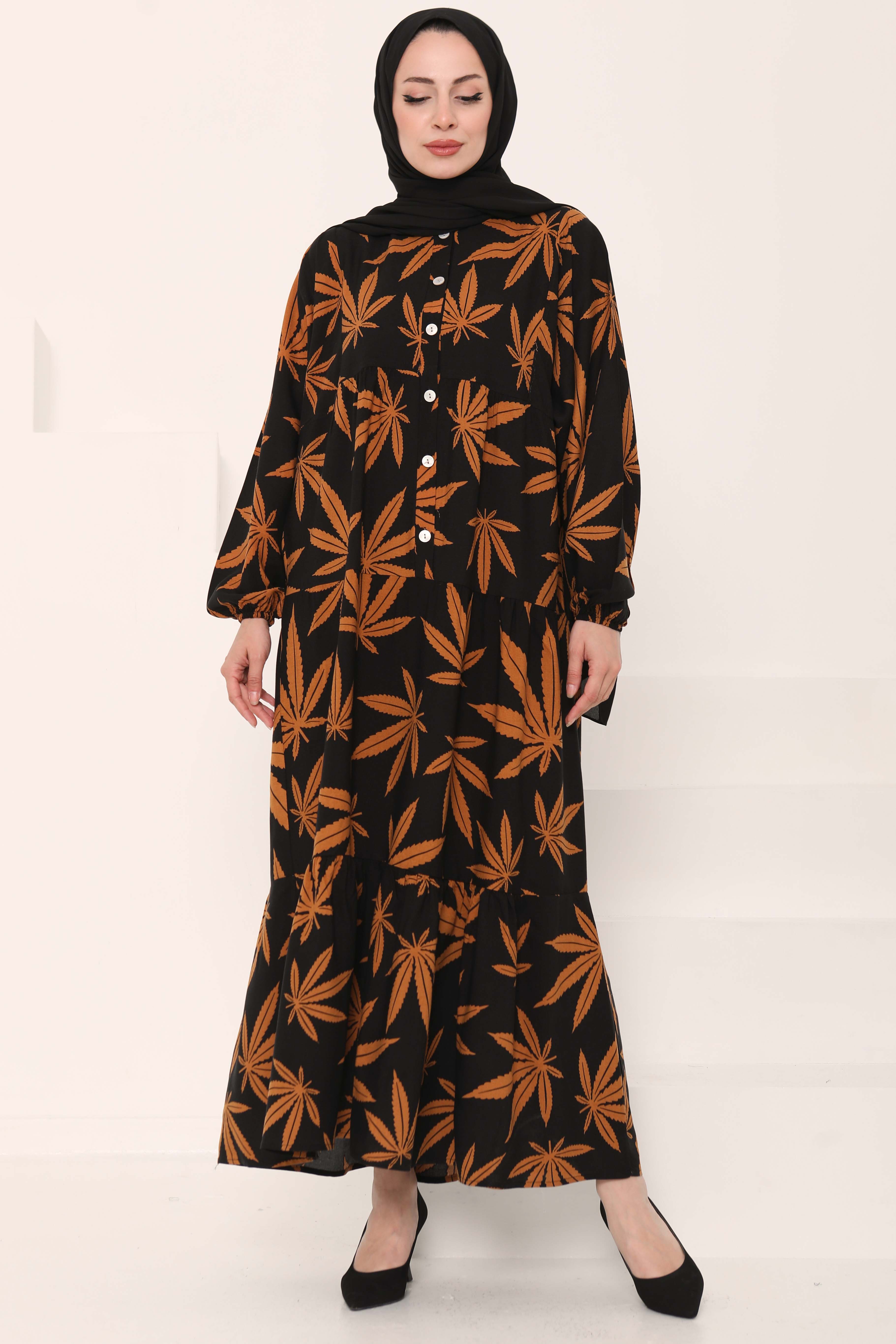 Desenli Düğmeli Elbise Siyah - 27038 - 1