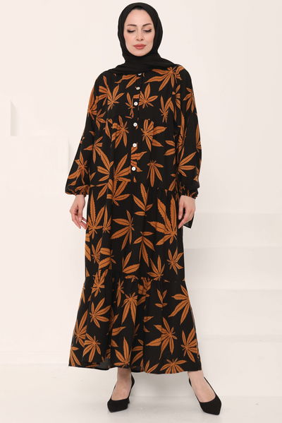 Desenli Düğmeli Elbise Siyah - 27038 
