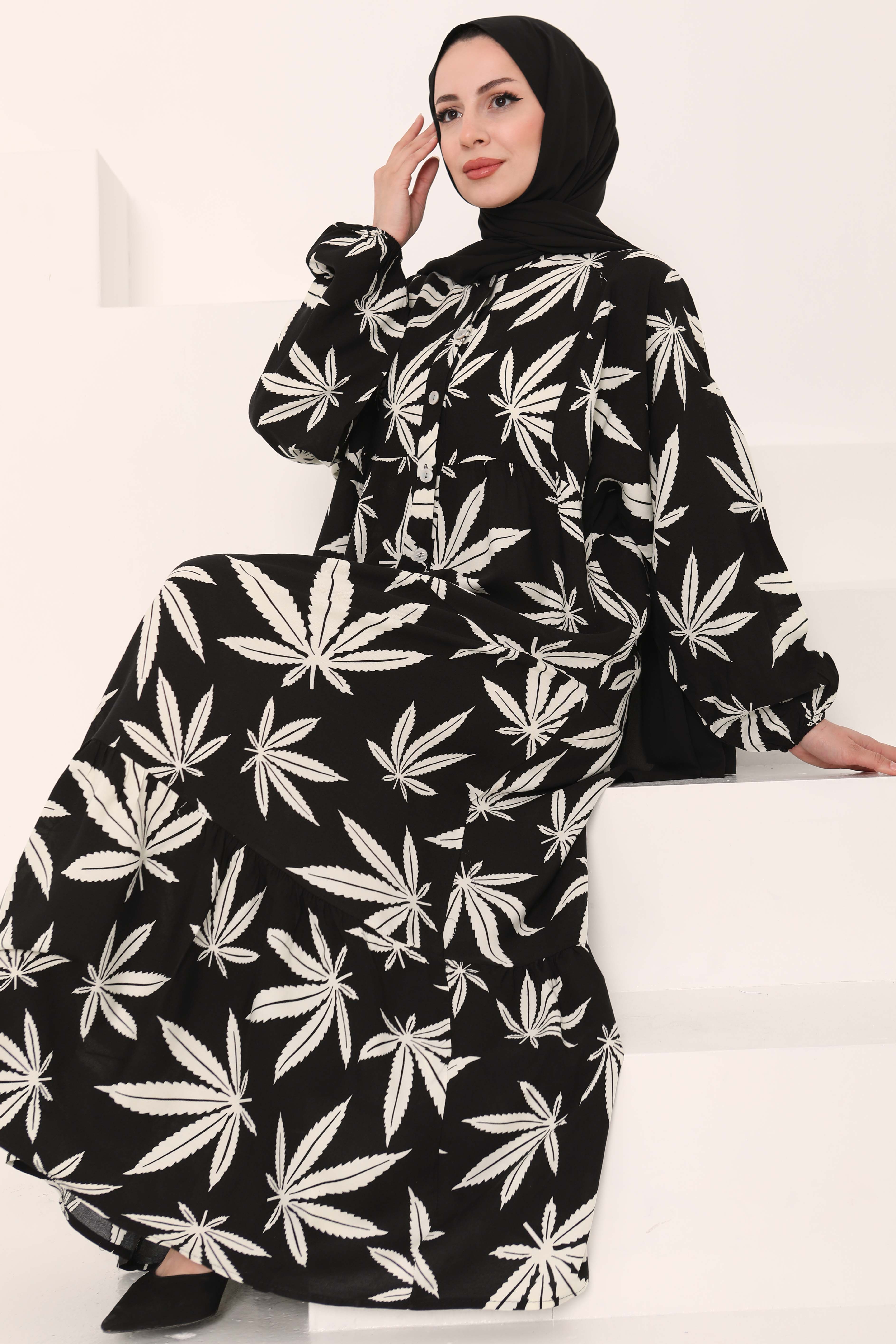 Desenli Düğmeli Elbise Siyah - 27038 - 2