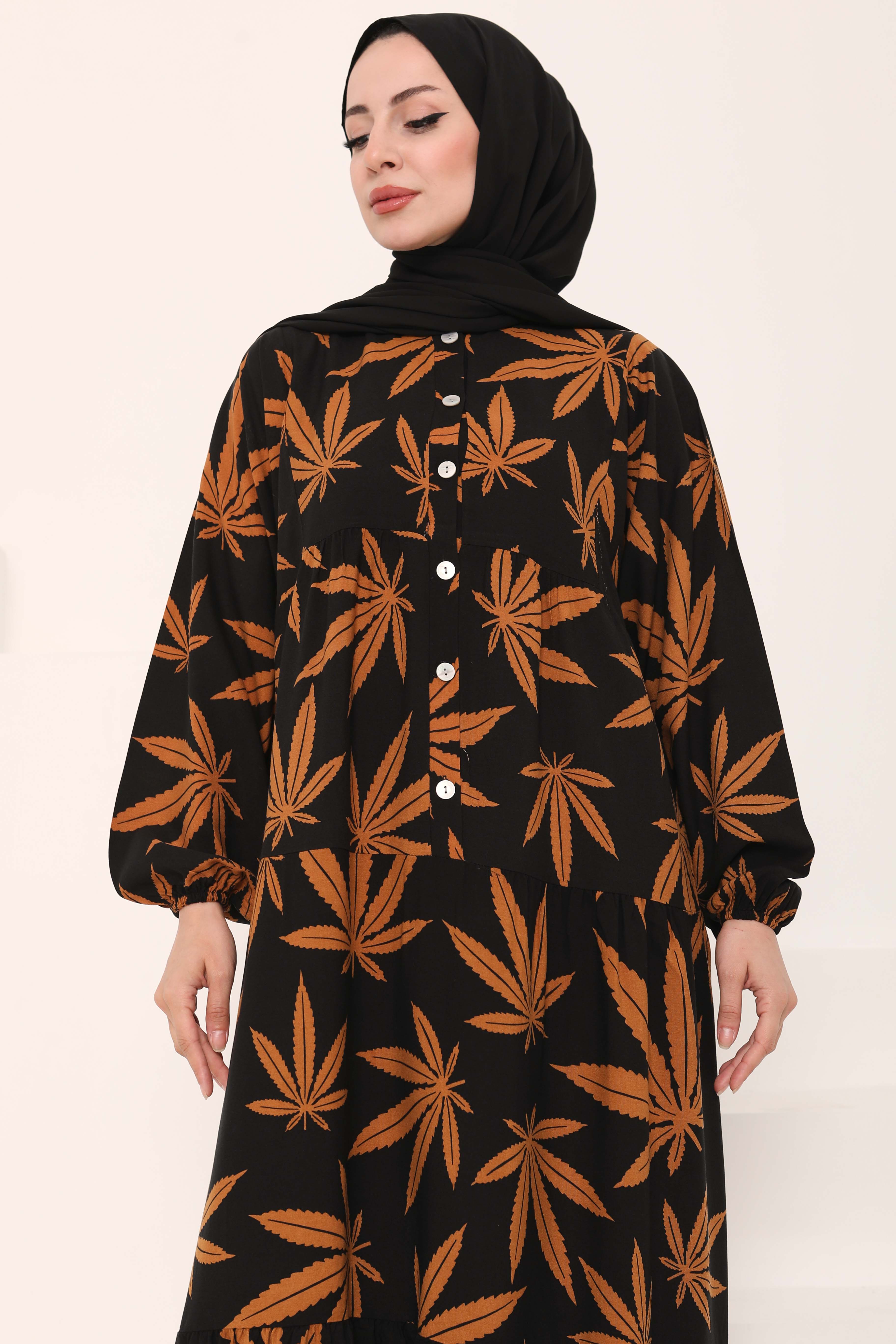 Desenli Düğmeli Elbise Siyah - 27038 - 3